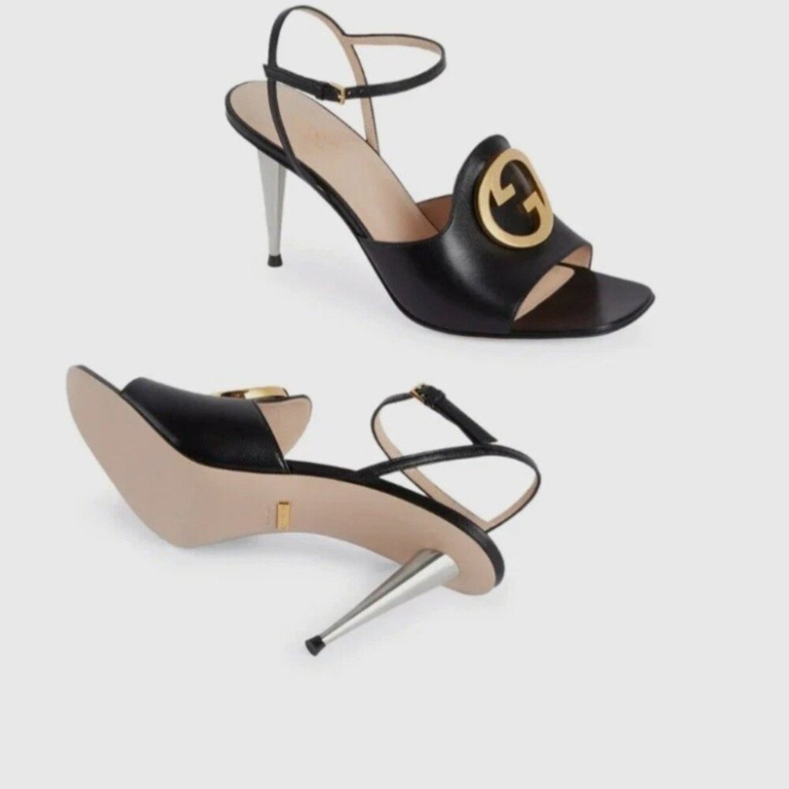 Gucci Blondie Heels Sandals Shoes Black Leather - 38 1/2