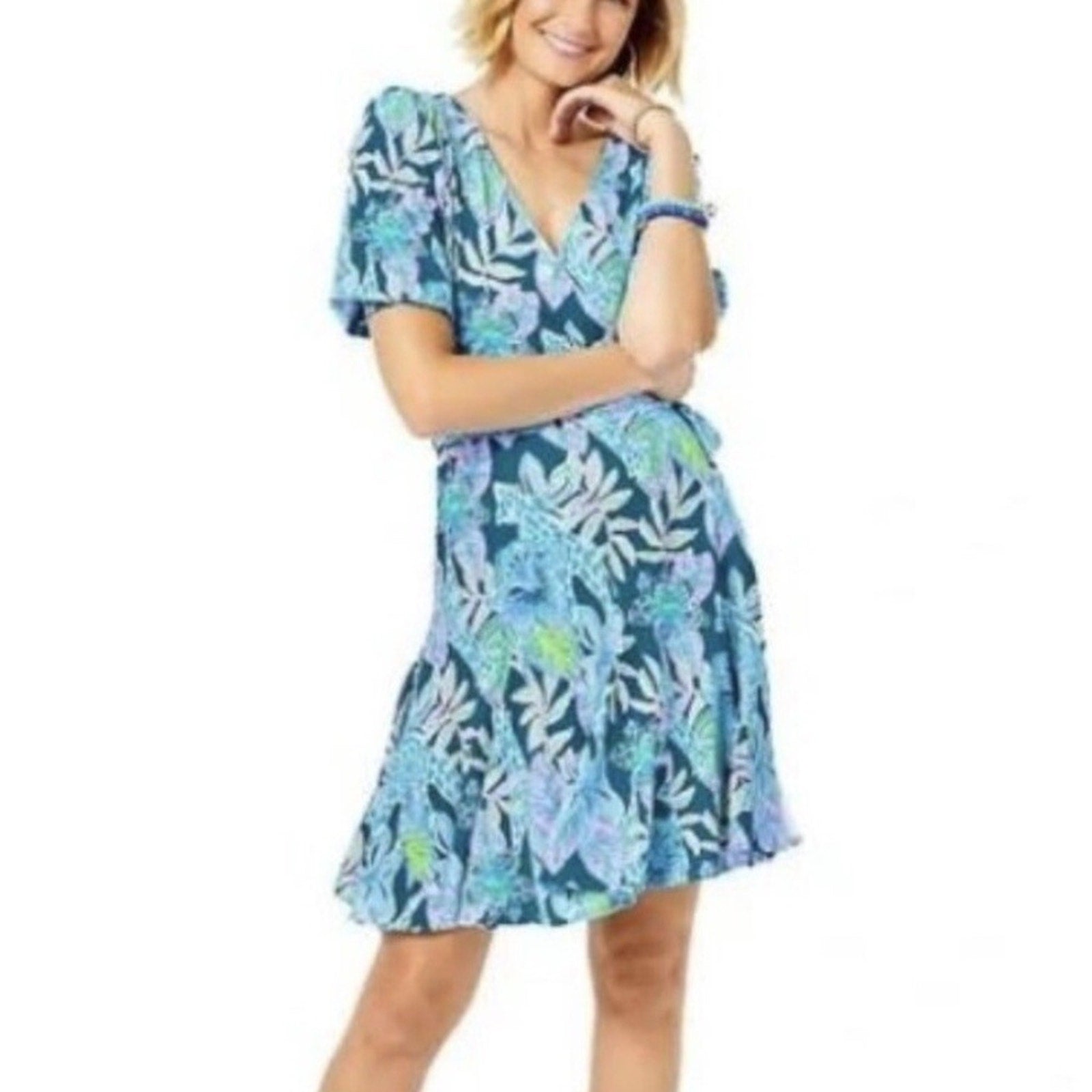 Lilly Pulitzer Kessler Wrap Dress Macaw Blue Tall Me About It - size M