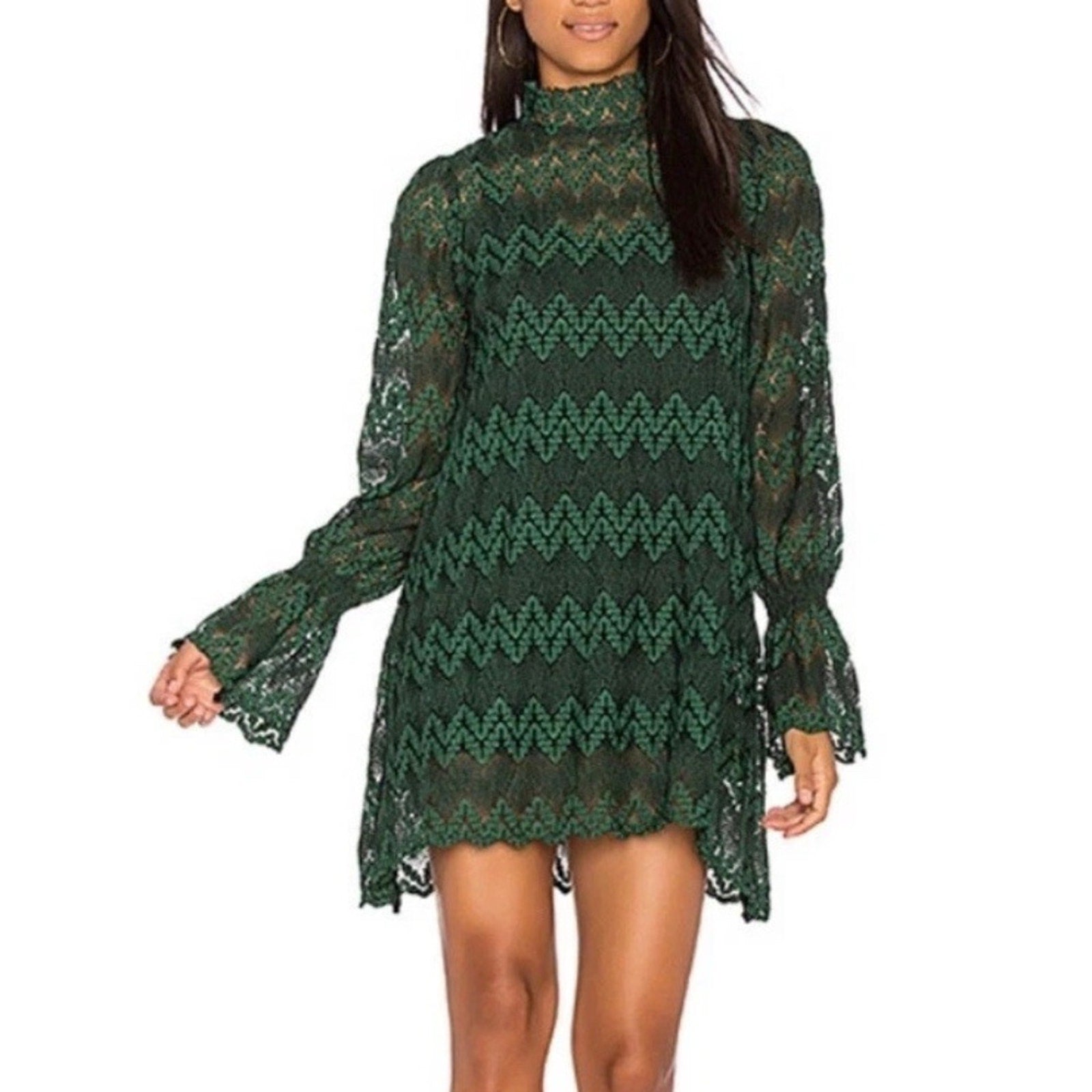 NWT Free People Simone Mini Green Combo Lace Dress Mock Neck - small