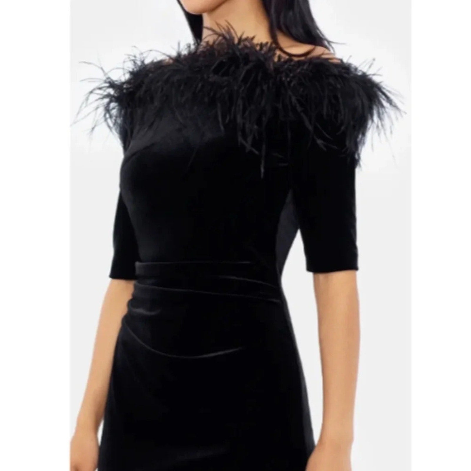 NWT XSCAPE Black Feather Trim Off the Shoulder Elbow Sleeve Velvet Sheath Dress