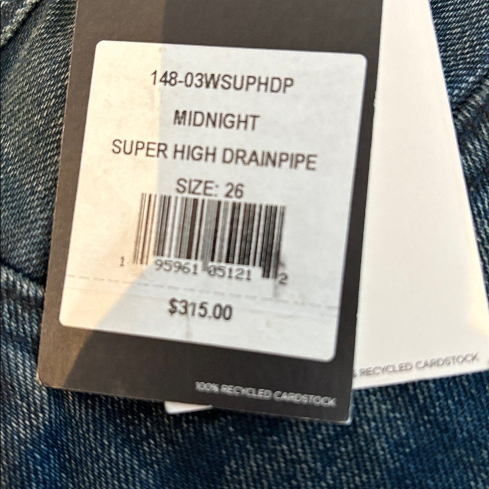 NWT RE/DONE Super High Rise Slim Drainpipe Jeans in Midnight - size 26