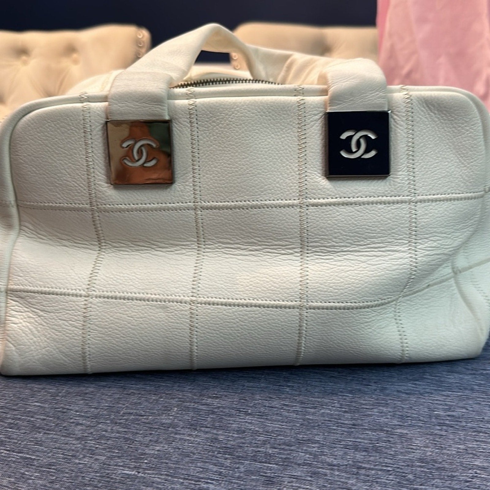 Chanel Chocolate Bar Boston Bag White Rare Caviar Skin