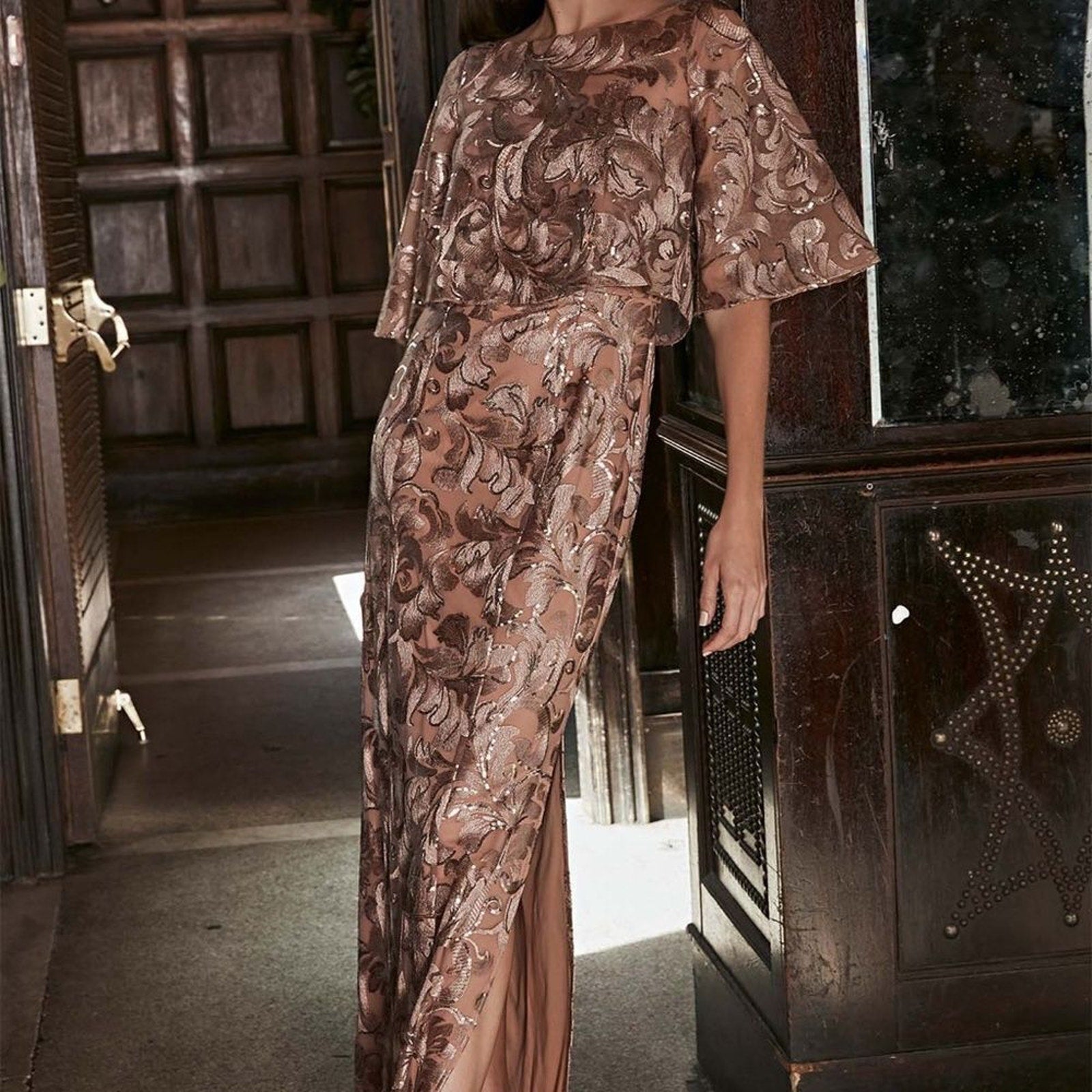NWT JS Collections Evalina Column Gown Boat Neck in Mink / Champagne - size 4
