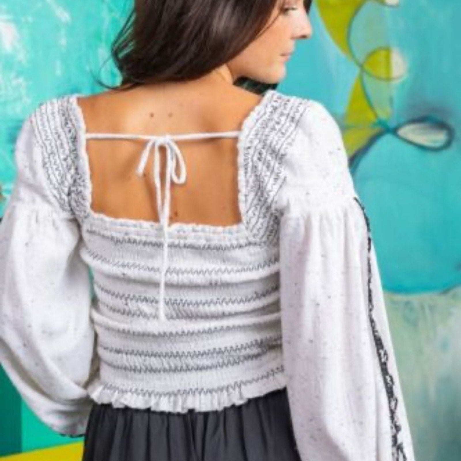 NWOT Free People Maggie Embroidered Top Crochet Long Sleeve Smocked Blouse - S