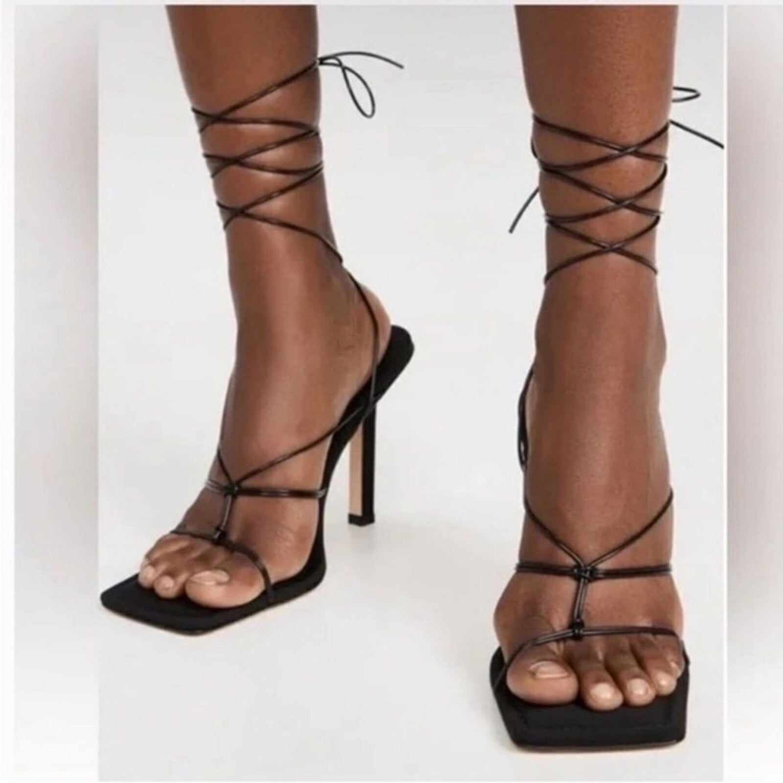 NEW Good American Cage Slanted Sandals Neoprene Black Lace Up Heel SIZE 6.5