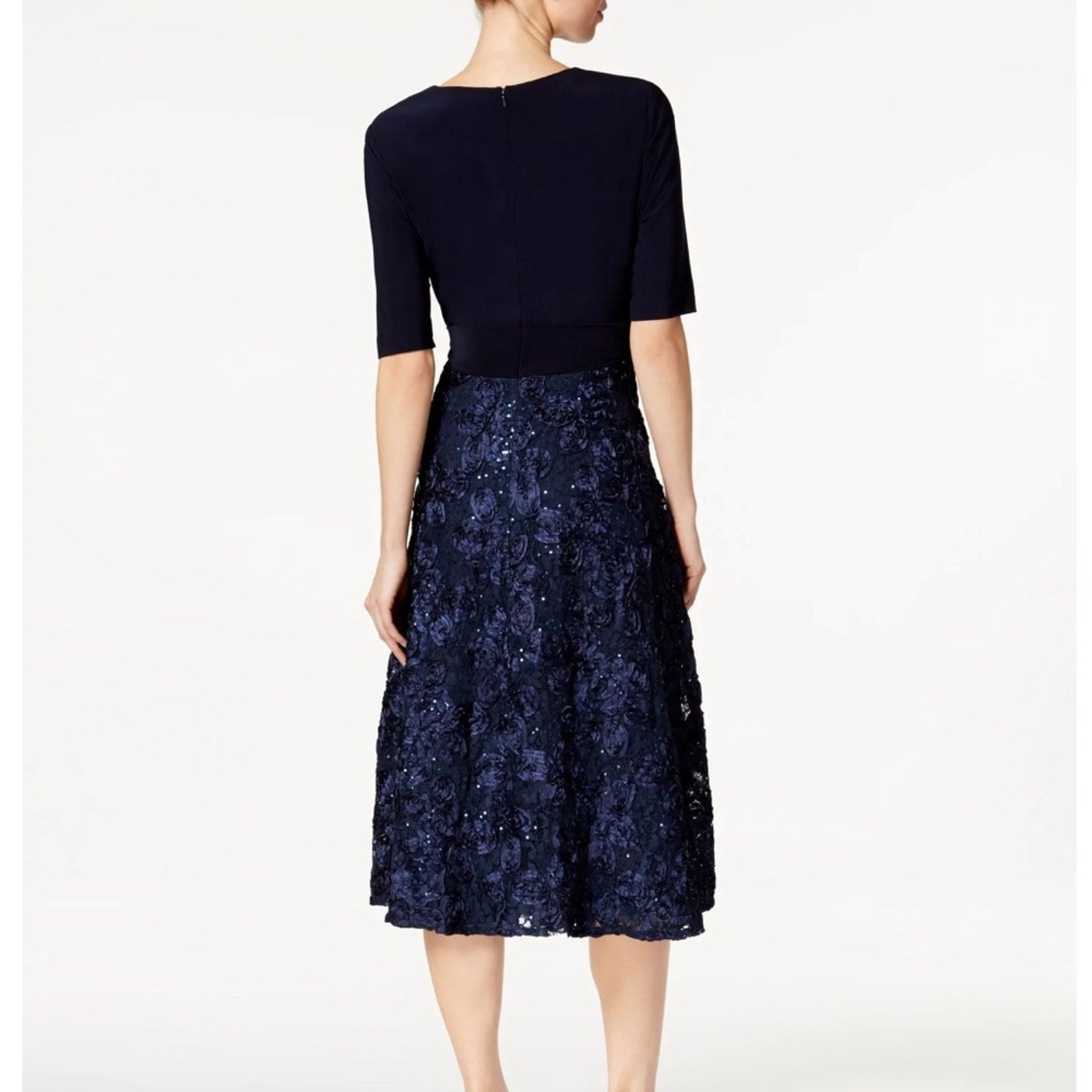 NEW ALEX EVENINGS Womens Navy Embroidered Lace Tie 3/4 Sleeve Surplice Neckline