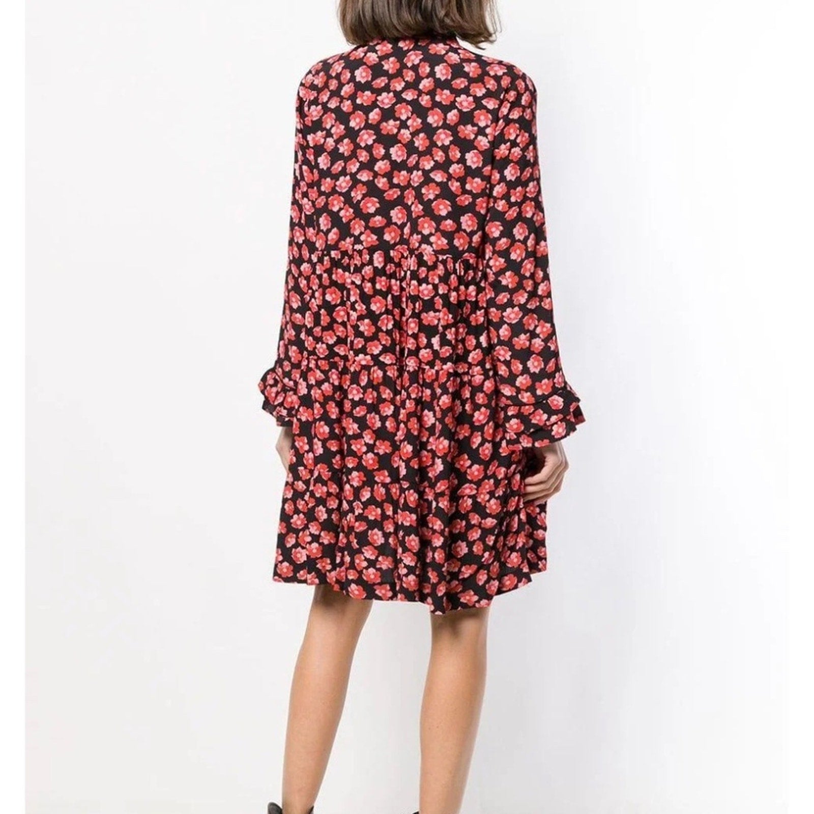 Ganni S Lindale Red Floral Crepe Mini Dress - size 34