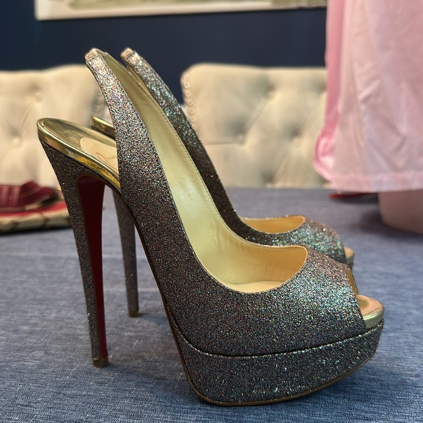 Christian Louboutin Metallic Multicolor Glitter Lady Peep Toe Platform Pump 36.5