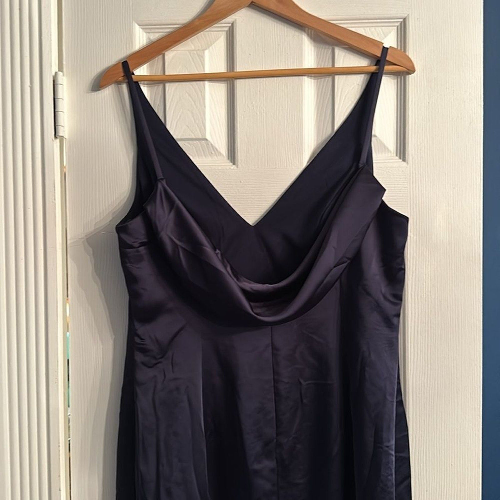 NEW After Six Draped Cowl-Back Princess Line Dress With Front Slit Midnight Navy