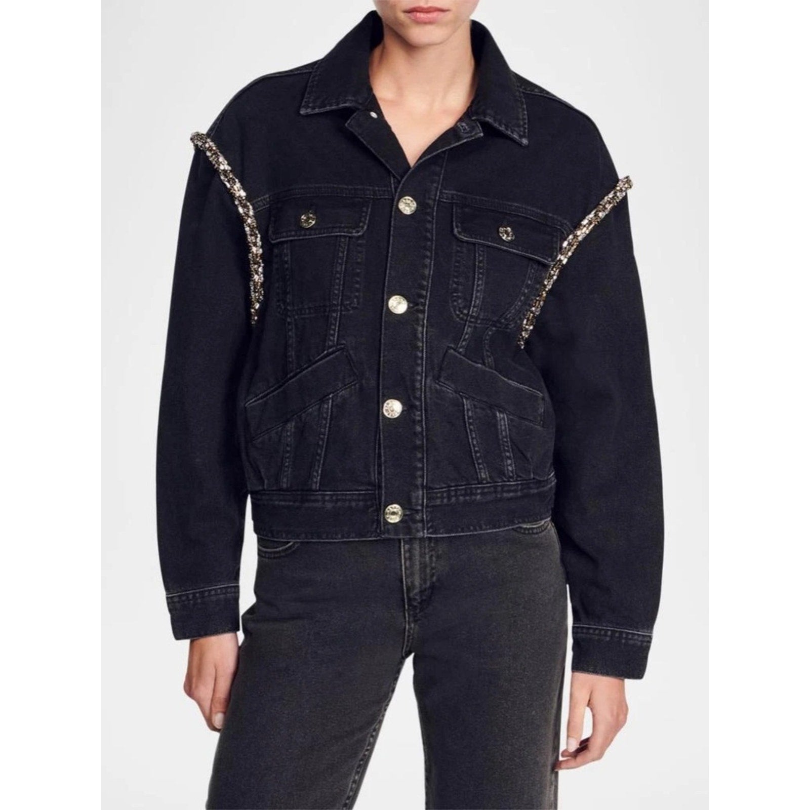 Sandro Paloma Embellished Denim Jacket - size 40 (Large)- NWT