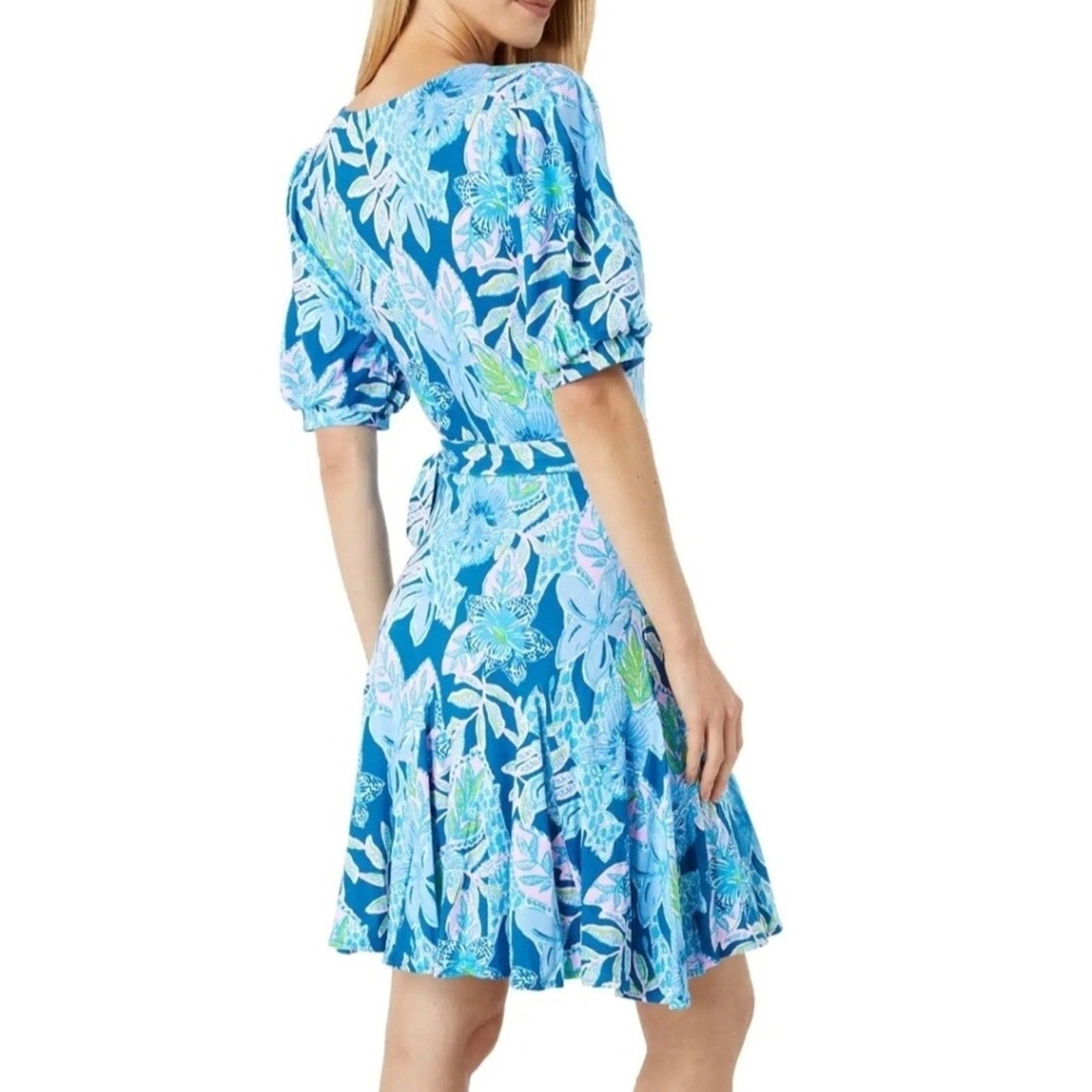 Lilly Pulitzer Kessler Wrap Dress Macaw Blue Tall Me About It - size M