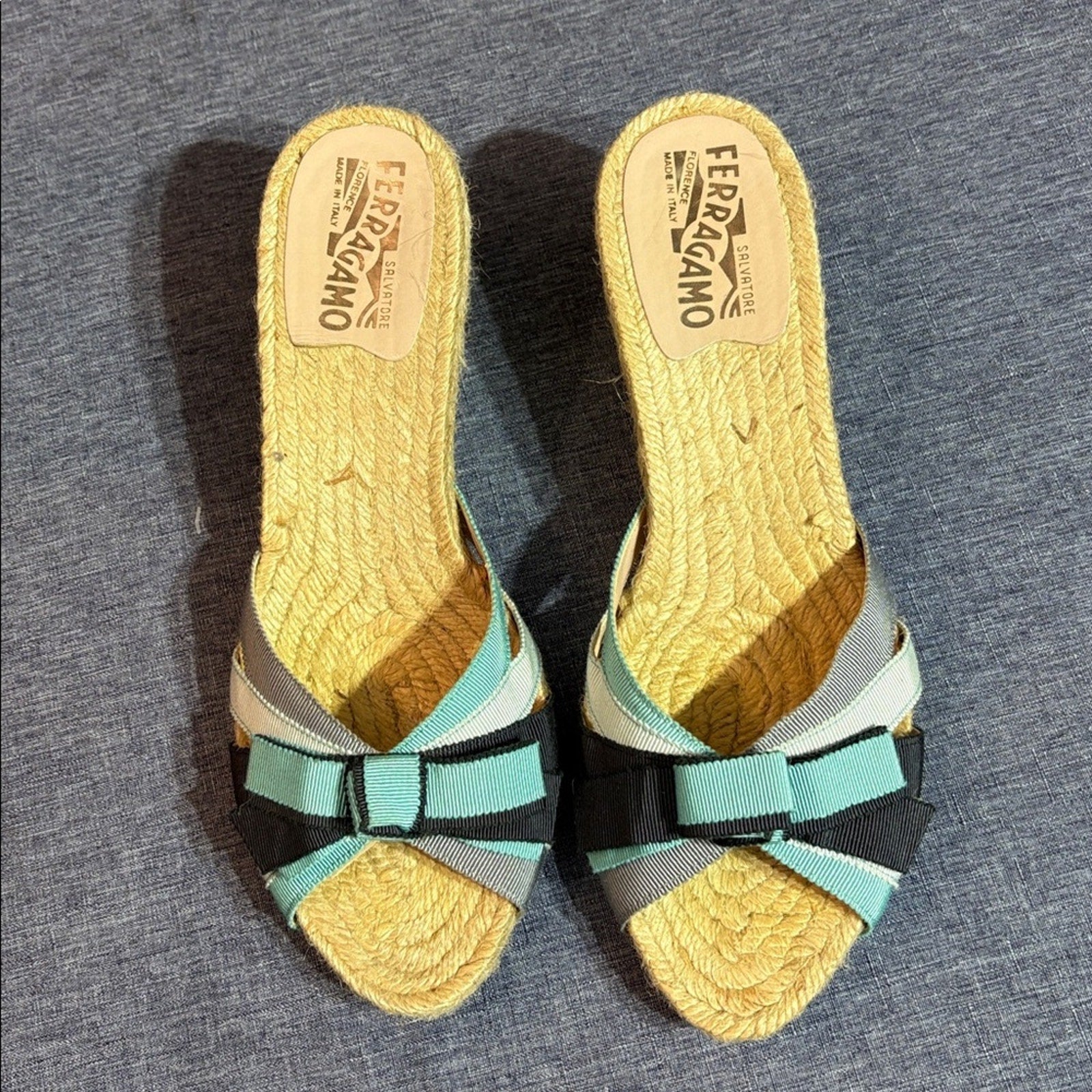 SALVATORE FERRAGAMO Blue Ribbon Espadrille Wedge Sandals 8.5 B