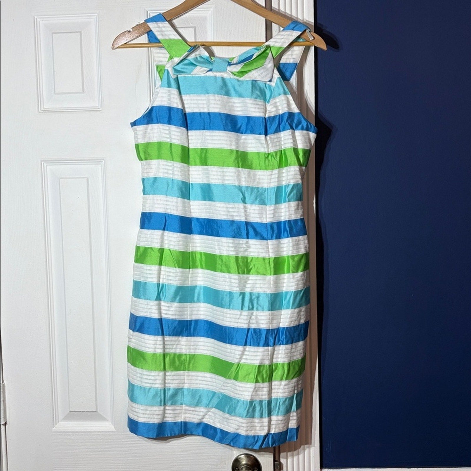 Lilly Pulitzer Henley Silk Blend Blue & Green Bow Striped Sheath Dress - size 4