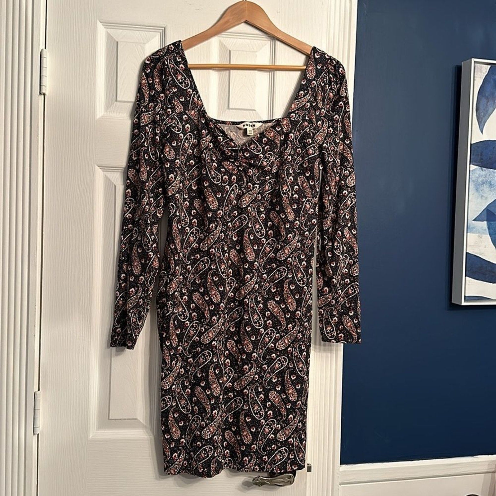 NEW BODEN Paisley Sweetheart Neck Long Sleeve Cotton Blend Dress - size 12