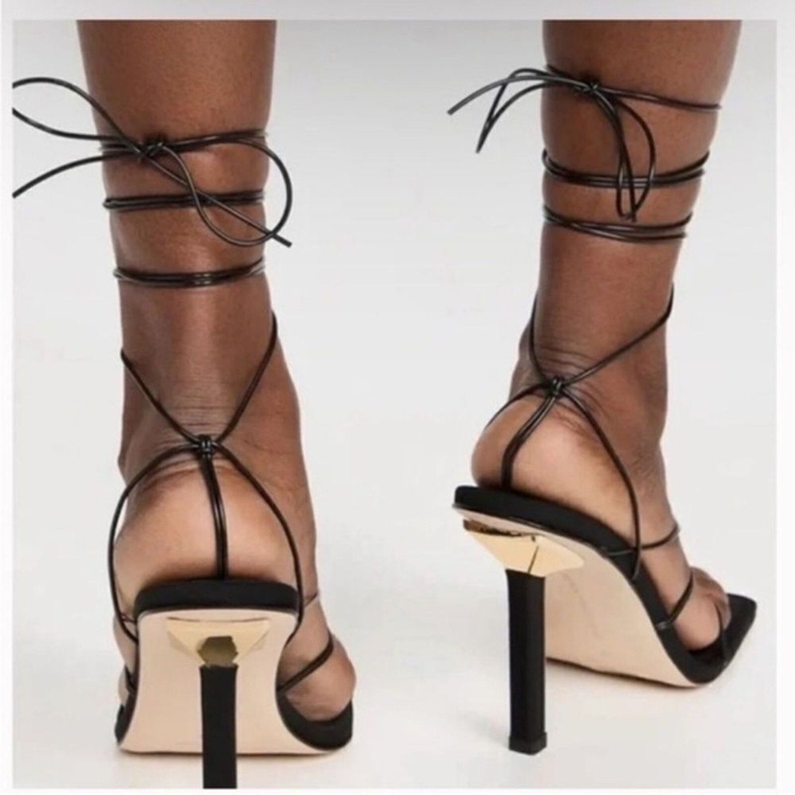 NEW Good American Cage Slanted Sandals Neoprene Black Lace Up Heel SIZE 6.5
