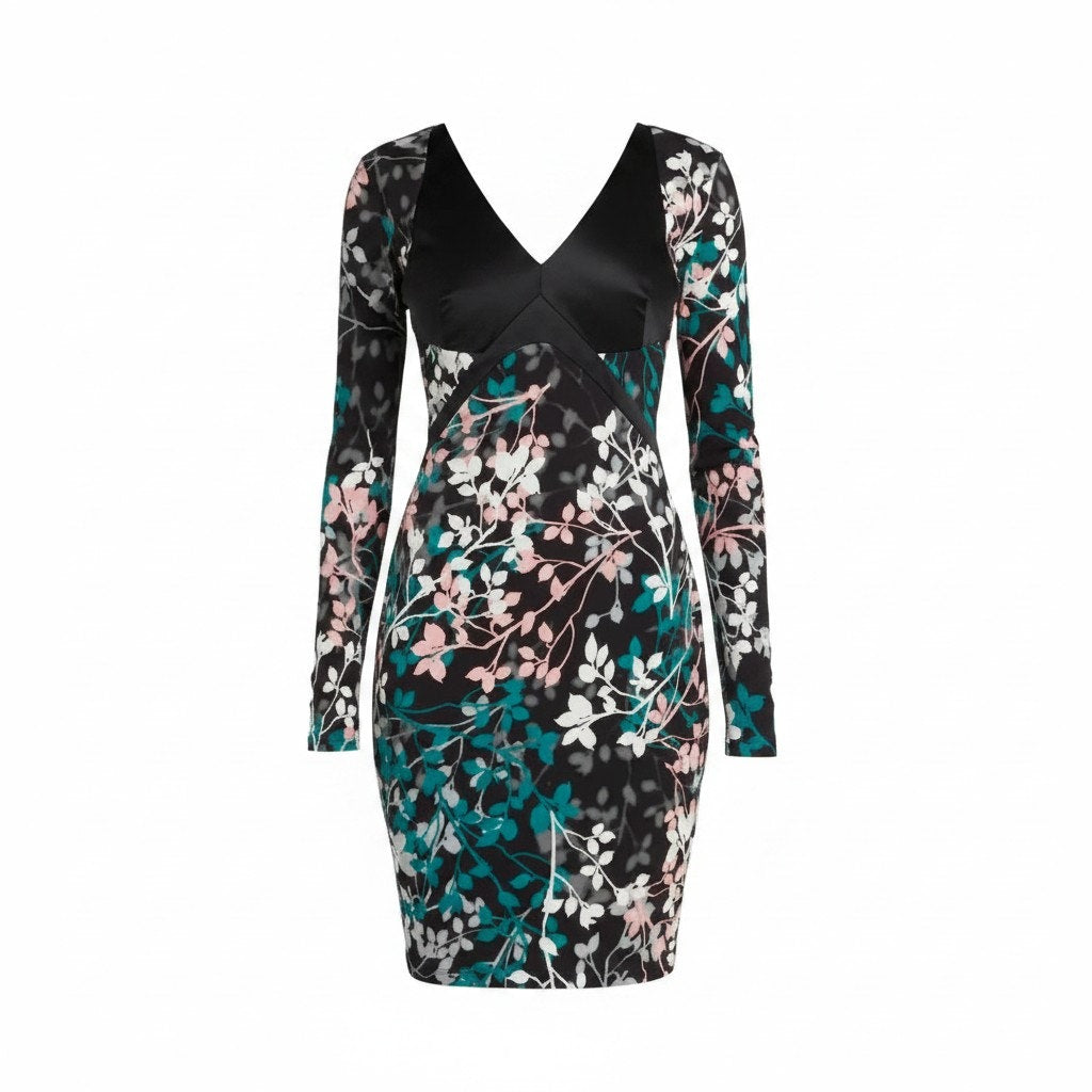 ROBERTO CAVALLI BLACK LEAF PRINT V-NECK DRESS - XS