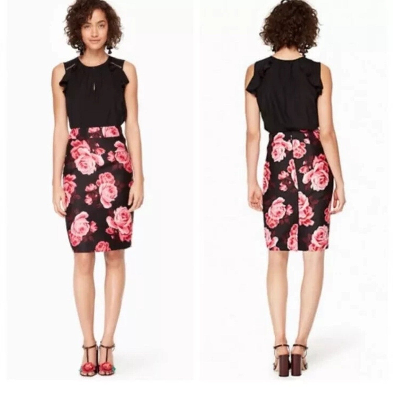 Kate Spade Black Pink Rose Floral Knee Length Pencil Skirt - size 0