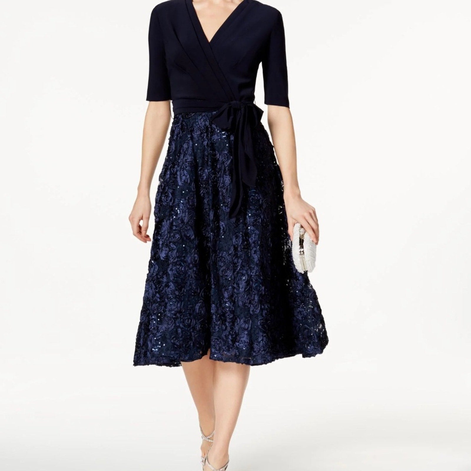 NEW ALEX EVENINGS Womens Navy Embroidered Lace Tie 3/4 Sleeve Surplice Neckline