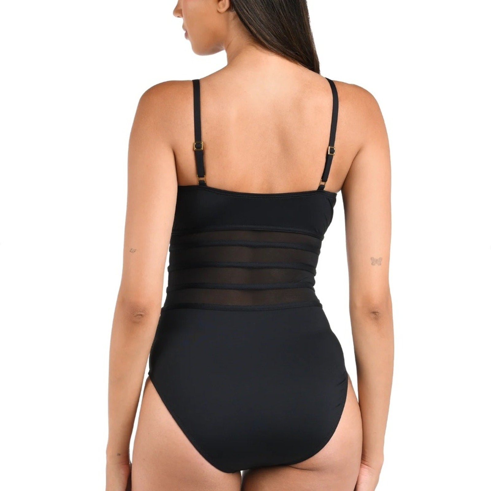 NEW La Blanca Island Goddess Over the Shoulder Mesh One Piece - Black - size 12