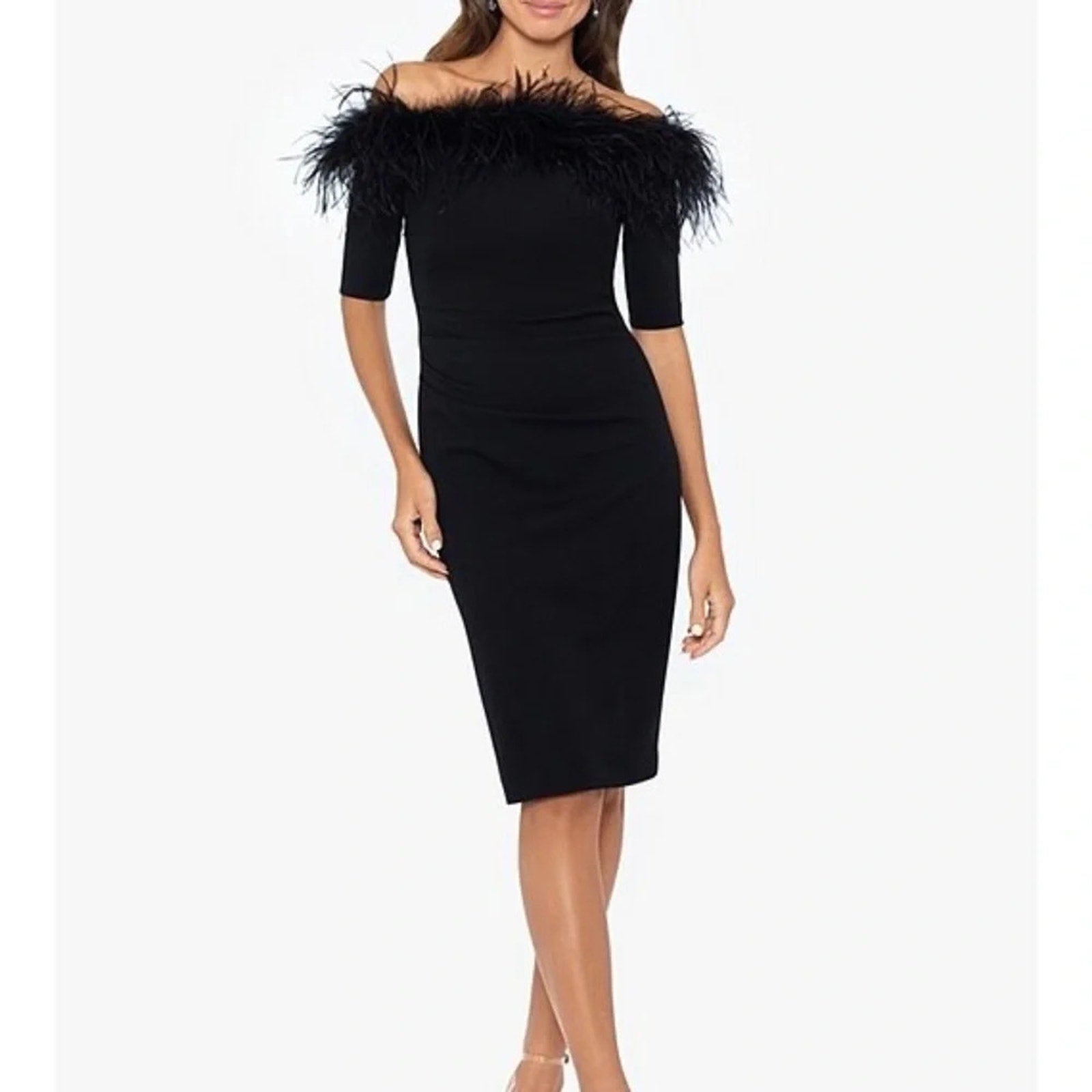 NWT XSCAPE Black Feather Trim Off the Shoulder Elbow Sleeve Velvet Sheath Dress