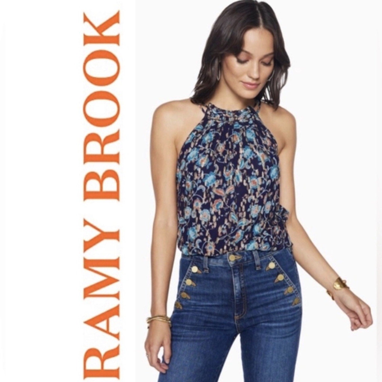 Ramy Brook $295 Kira Metallic Floral Halter Neck Top - size M