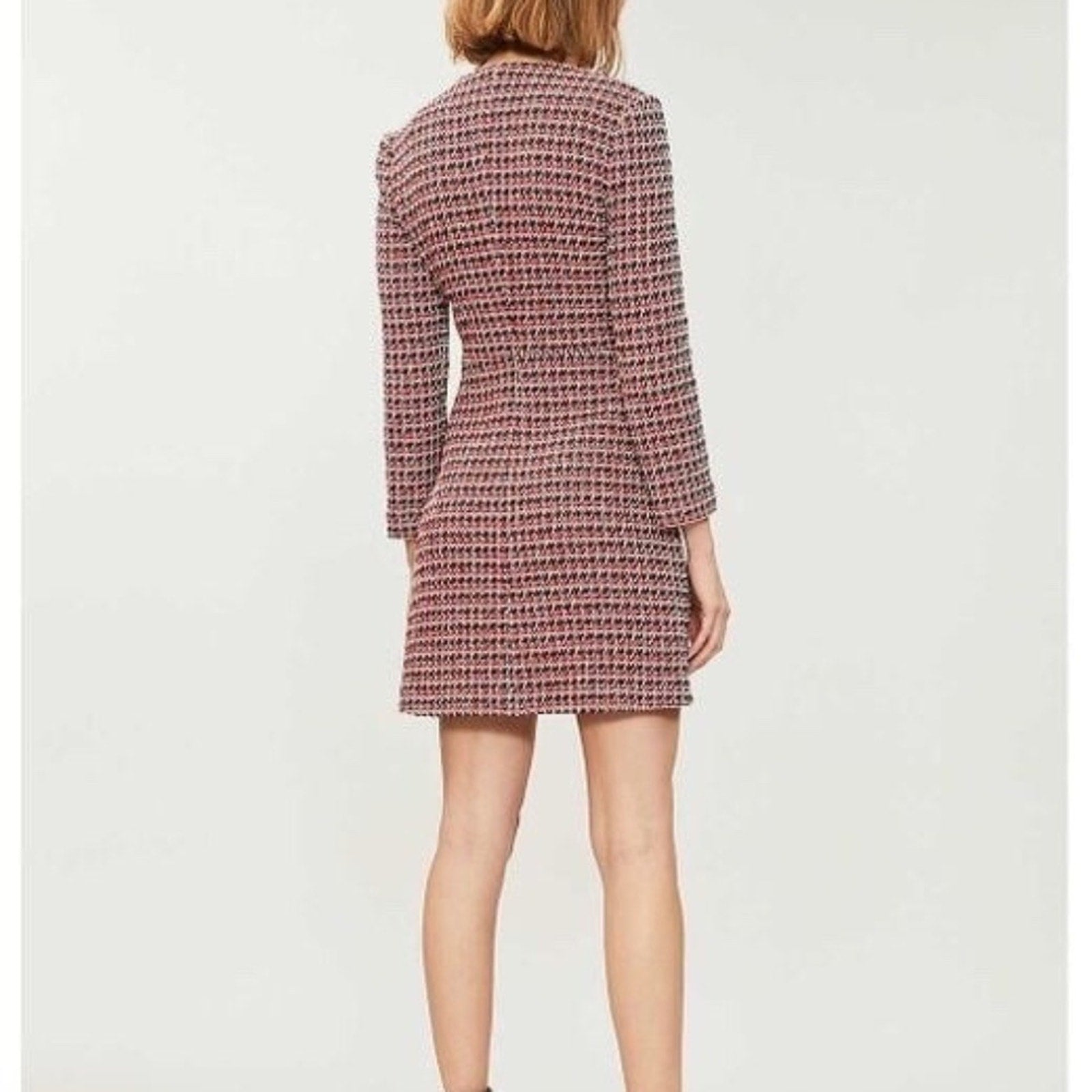 Maje Romane Tweed Dress NEW Red Black Full Zip Long Sleeve Mini - size 34