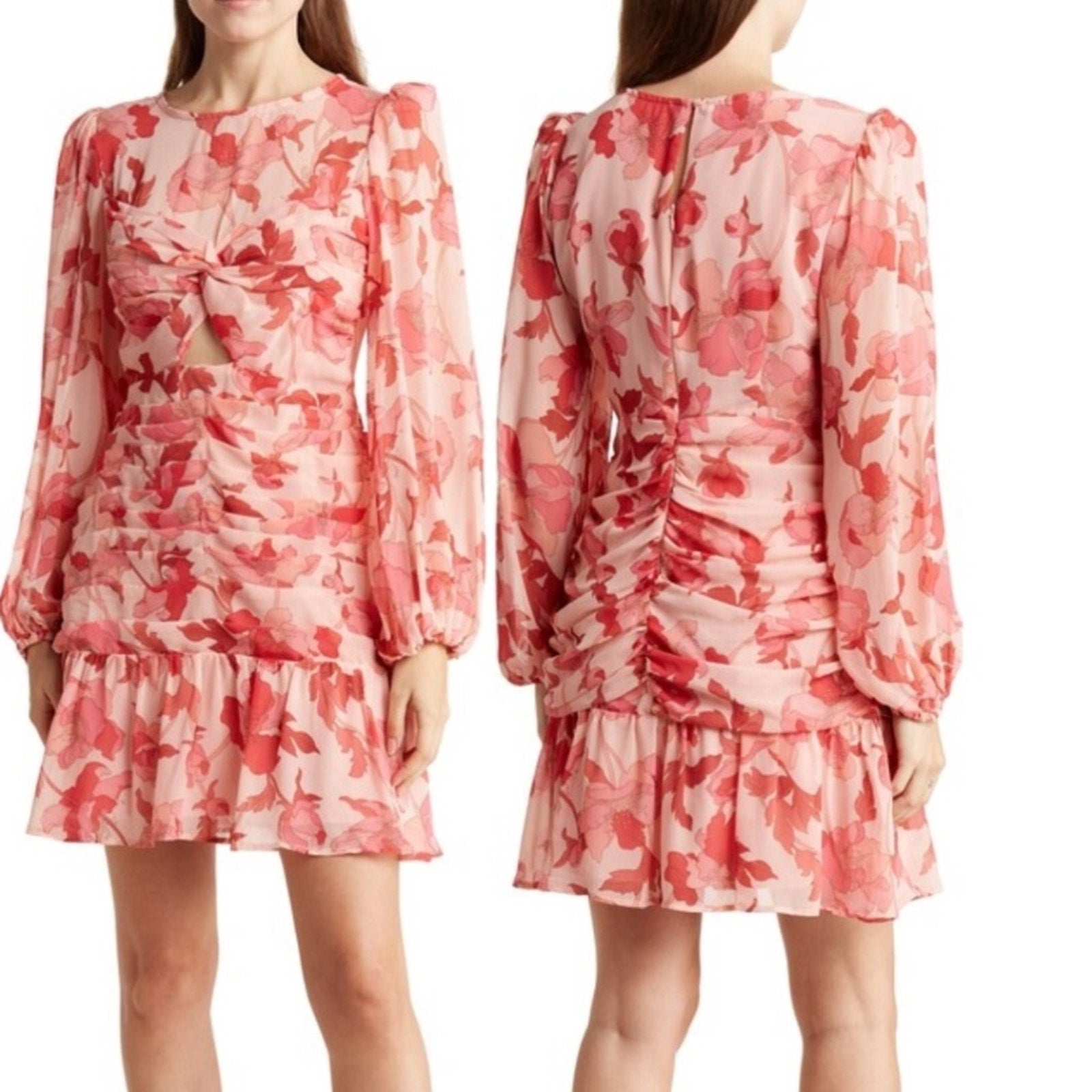 NEW Astr The Label Floral Long Sleeve Dress Pink Floral Keyhole Cut Out - Size L