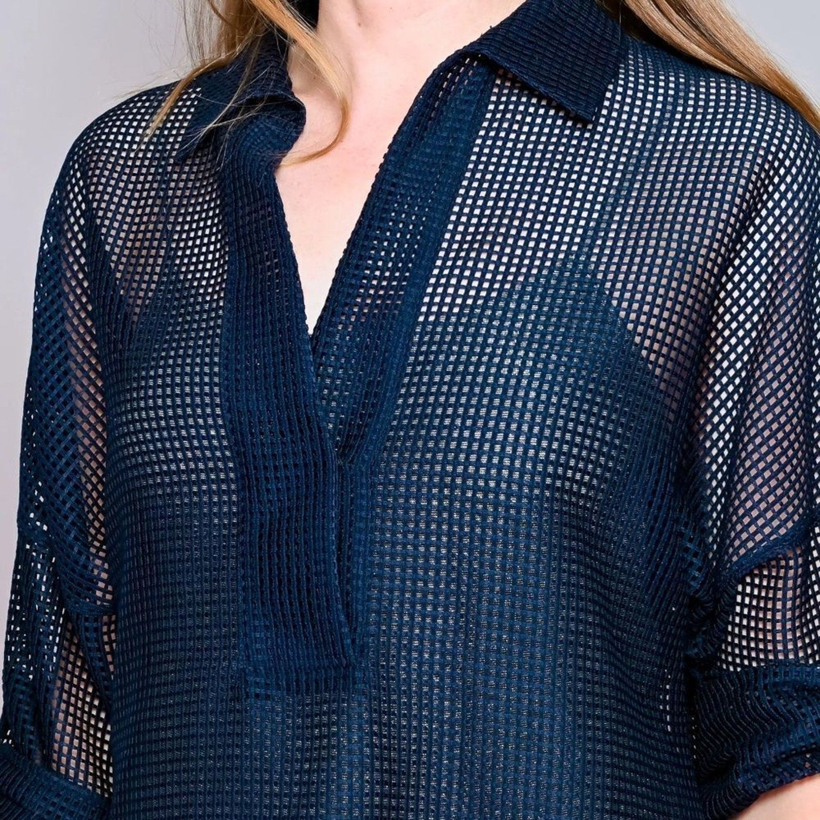 NWT AKRIS PUNTO Navy Blue Grid Mesh Blouse - size 10