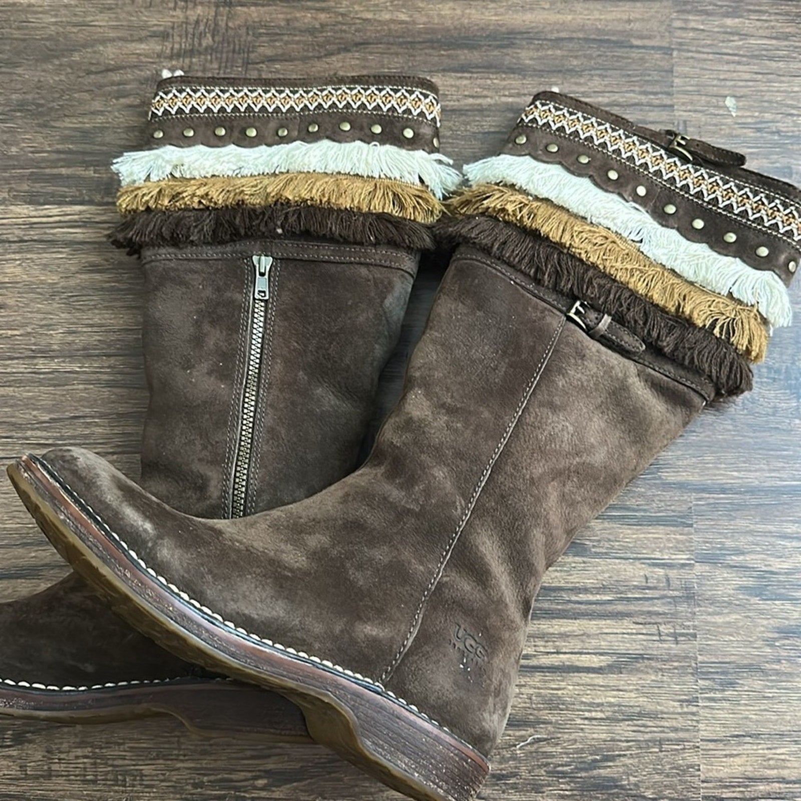 UGG Kiera Suede Sheepskin Tan Bohemian Fringe Studded Embroidered Boots - RARE