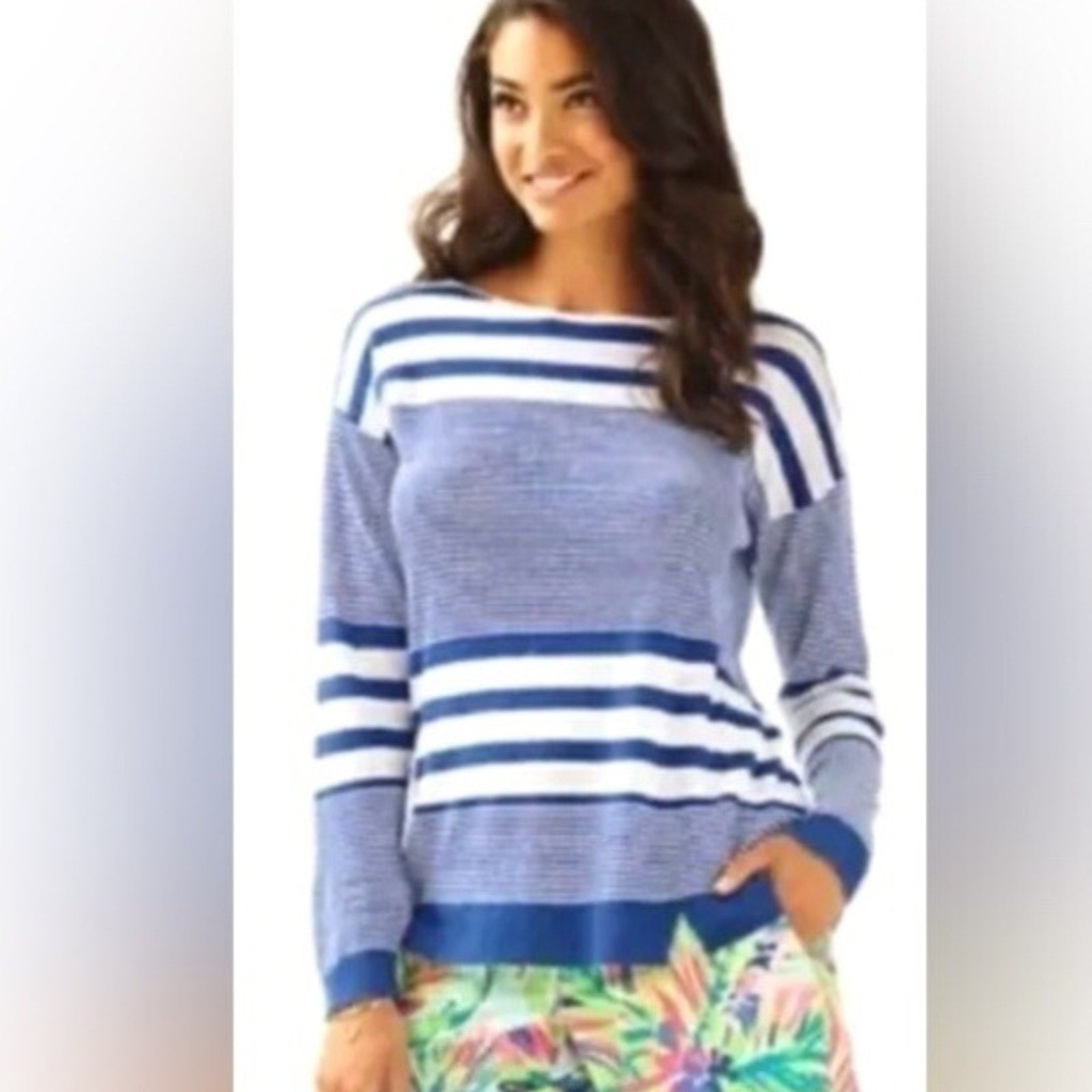 LILLY PULITZER | Camilla Linen Blue & White Striped Sweater - size XL
