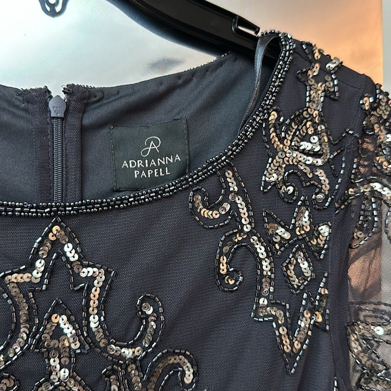NWT Adrianna Papell HAND-BEADED LONG BLOUSON GOWN IN GUNMETAL - size 4