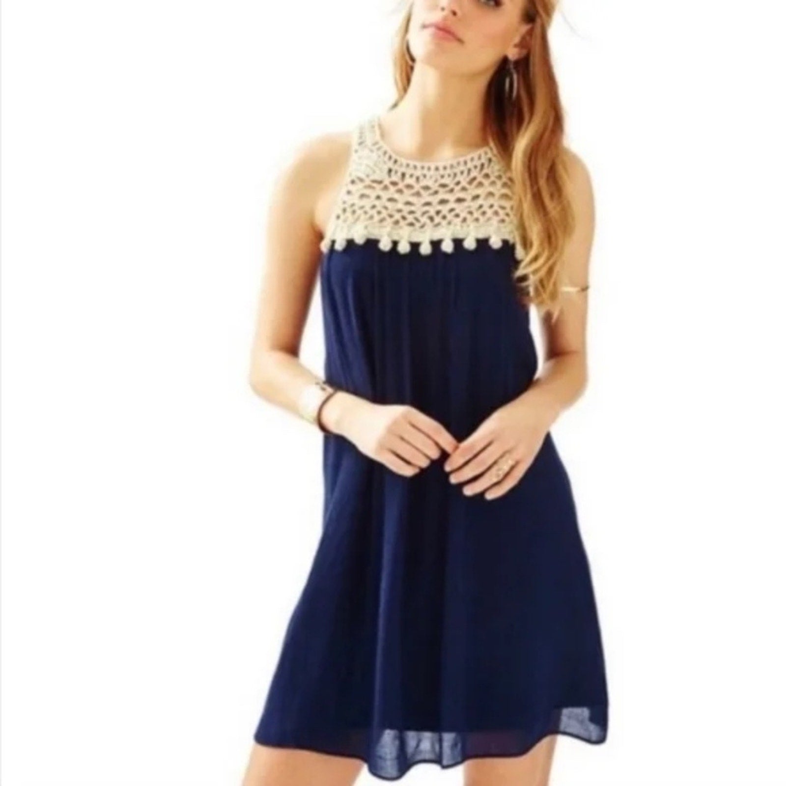 Lilly Pulitzer Navy Rachelle Dress Gold Metallic Detail - size S