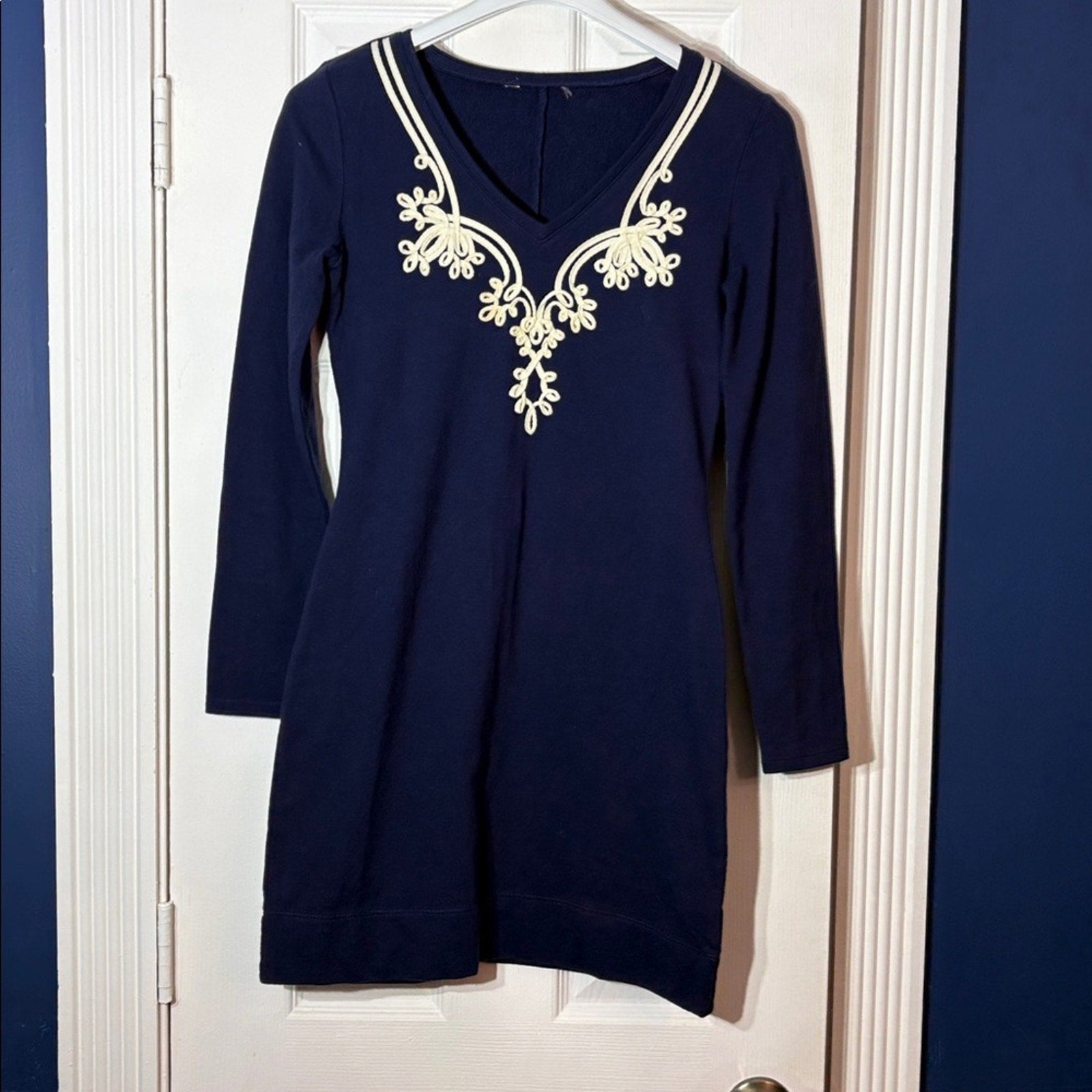 Lilly Pulitzer Navy Blue White Appliqué Long Sleeve Daylin Dress - size XS