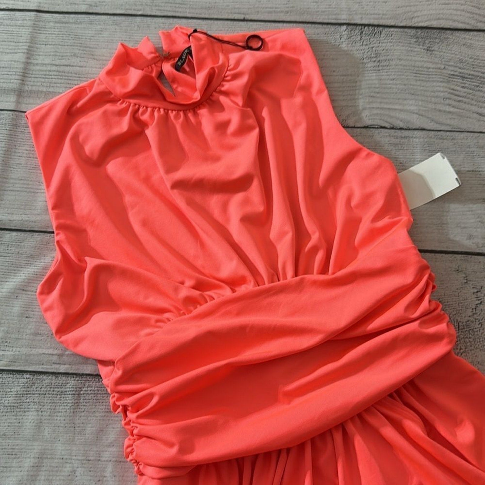 NEW Black Halo Women's Neon Salmon Orange Haiku Ruched Knit Mini Dress - size 10
