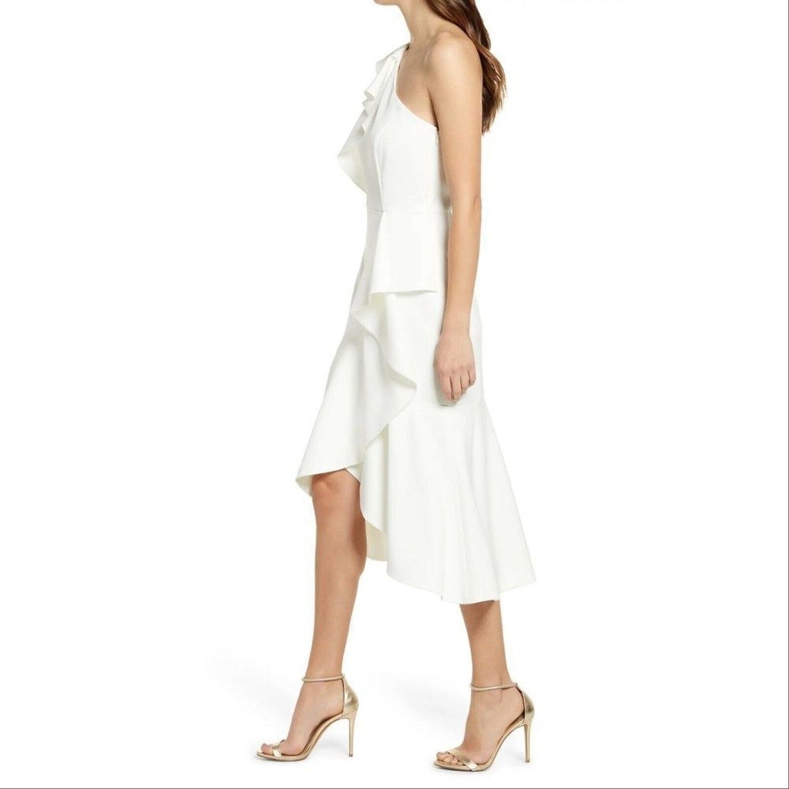 NWOT Vince Camuto One Shoulder Ruffle High Low Cocktail Dress, Ivory - size 14