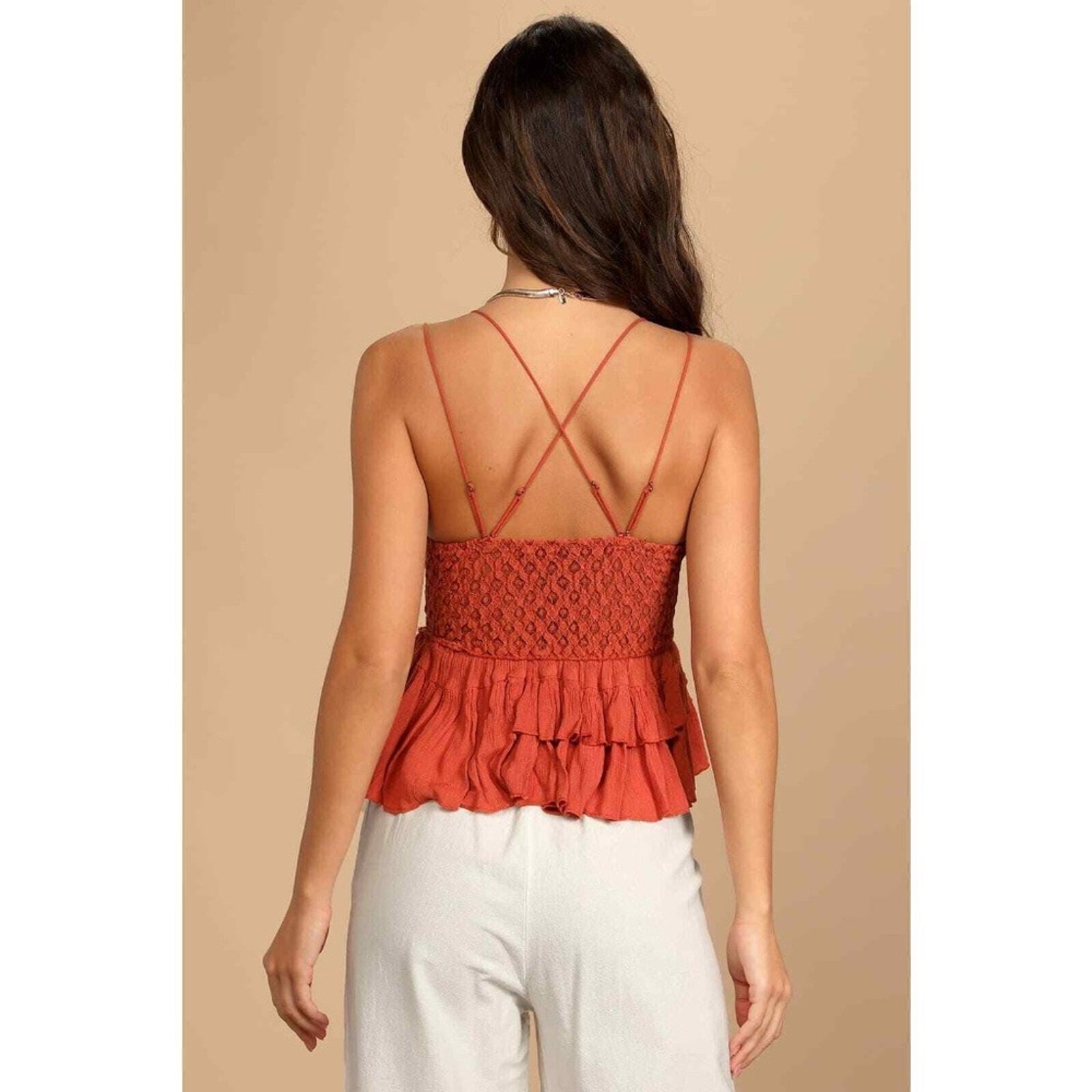 NWT Free People Women's Adella Cami Rust Orange Lace Ruffled Tank Top Size Large