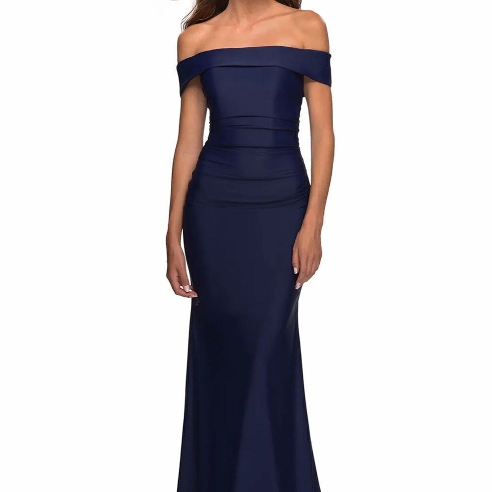NWT La Femme 30422 Off the Shoulder Elegant Long Evening Gown Navy size 8