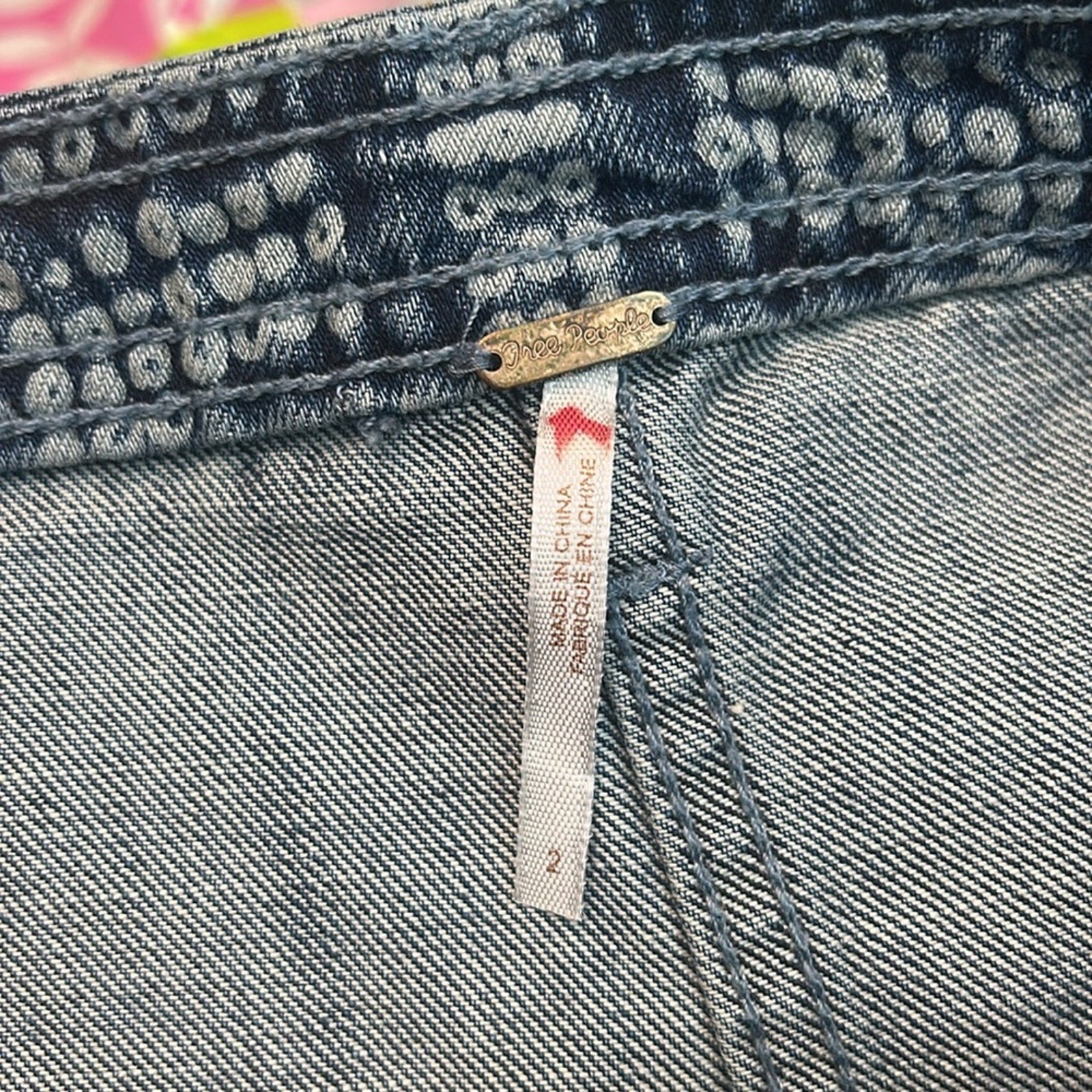 Free People School Daze Denim Jean Tribal Print Button Front Mini Skirt Size 2