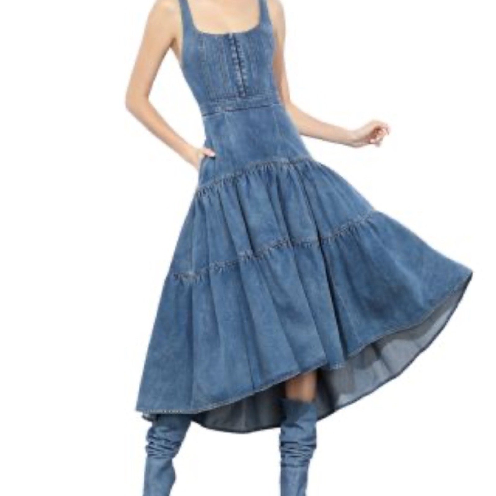 Alice and Olivia Diana Tiered Denim Dress - size 14
