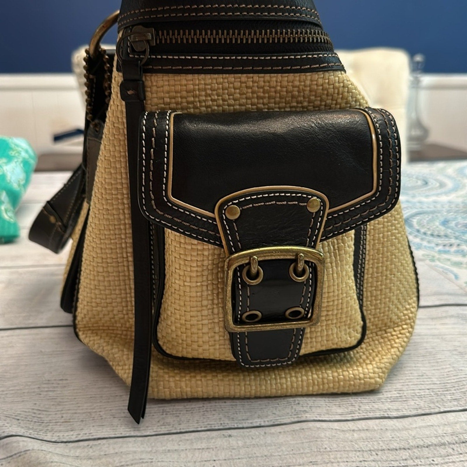 Coach vintage raffia large bag