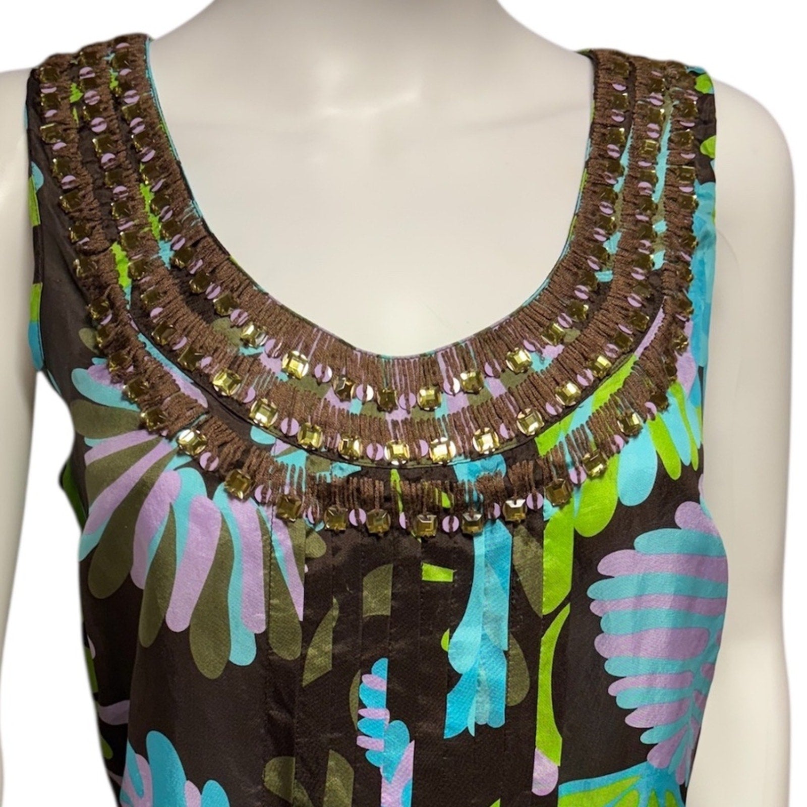 Tory Burch 100% Silk Tank Blouse Shirt Beaded Floral Tropical Green Blue -size 8