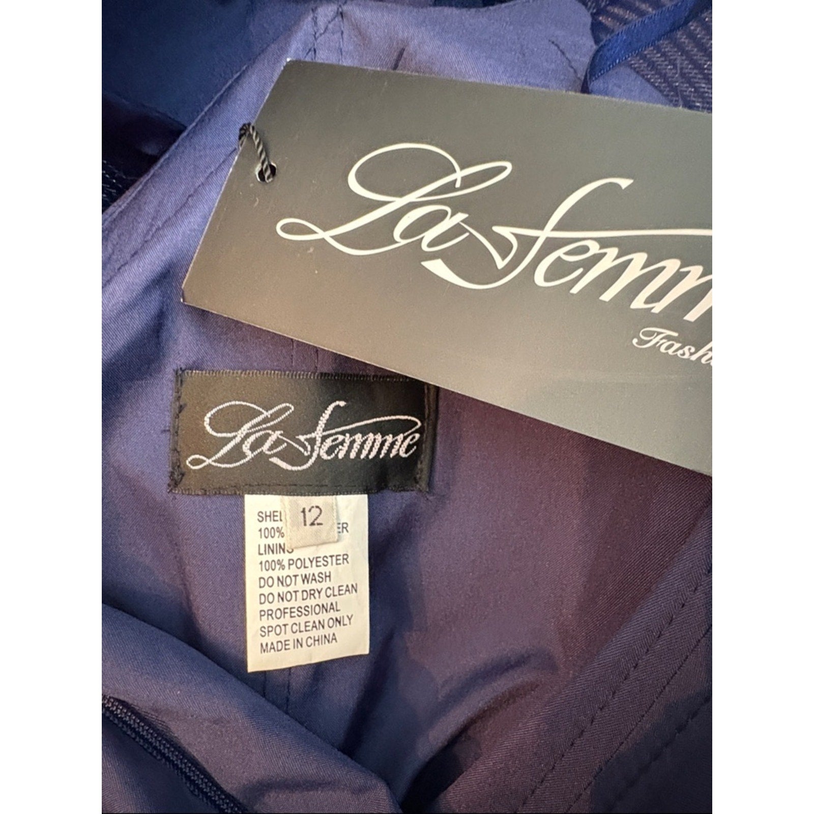 La Femme Long Satin Dress with Side Slit and V Shaped Back in Navy - 12