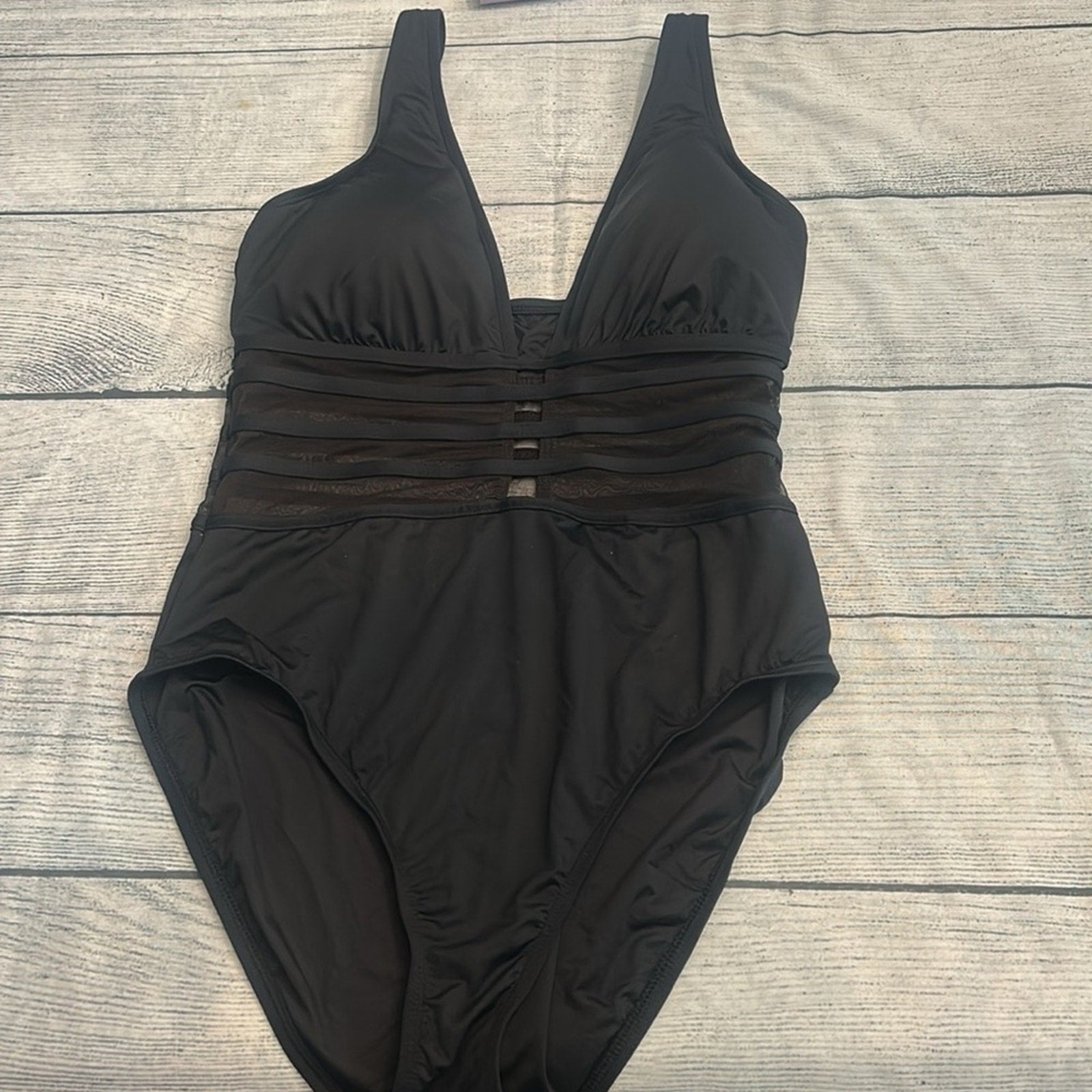 NEW La Blanca Island Goddess Over the Shoulder Mesh One Piece - Black - size 12