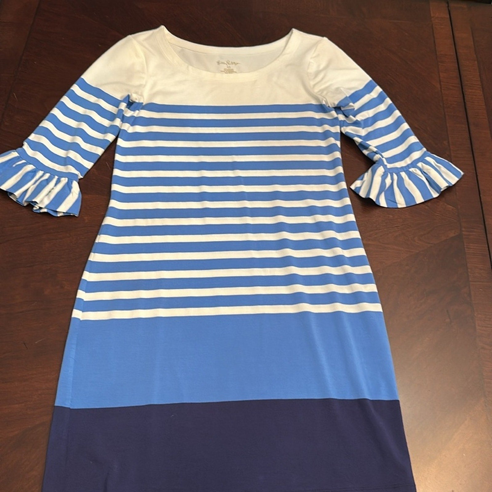 Lilly Pulitzer Sophie Blue Striped Ruffle Bell Sleeve Knit Dress - size XS