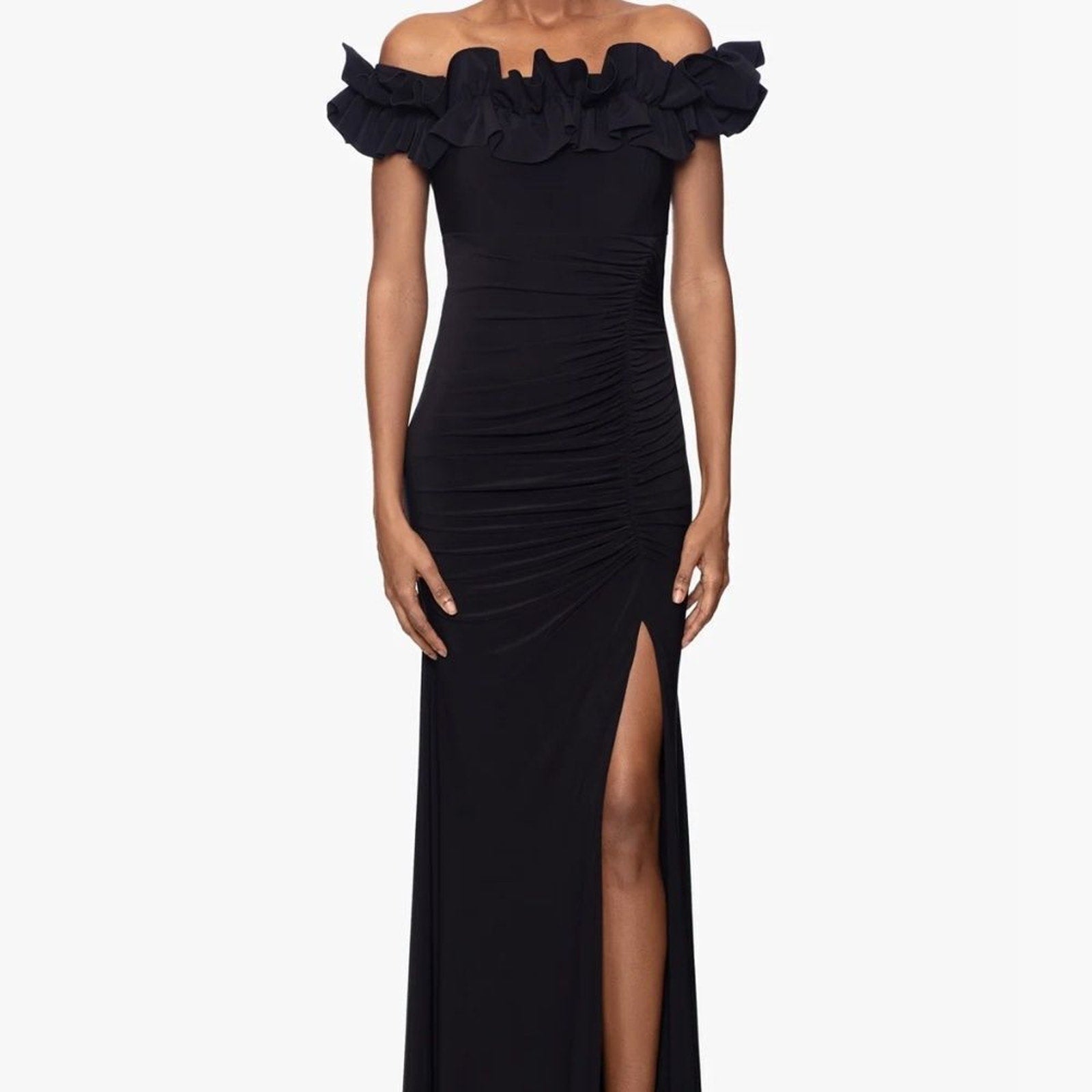 NEW XSCAPE Ruffle Off the Shoulder Scuba Crepe Gown