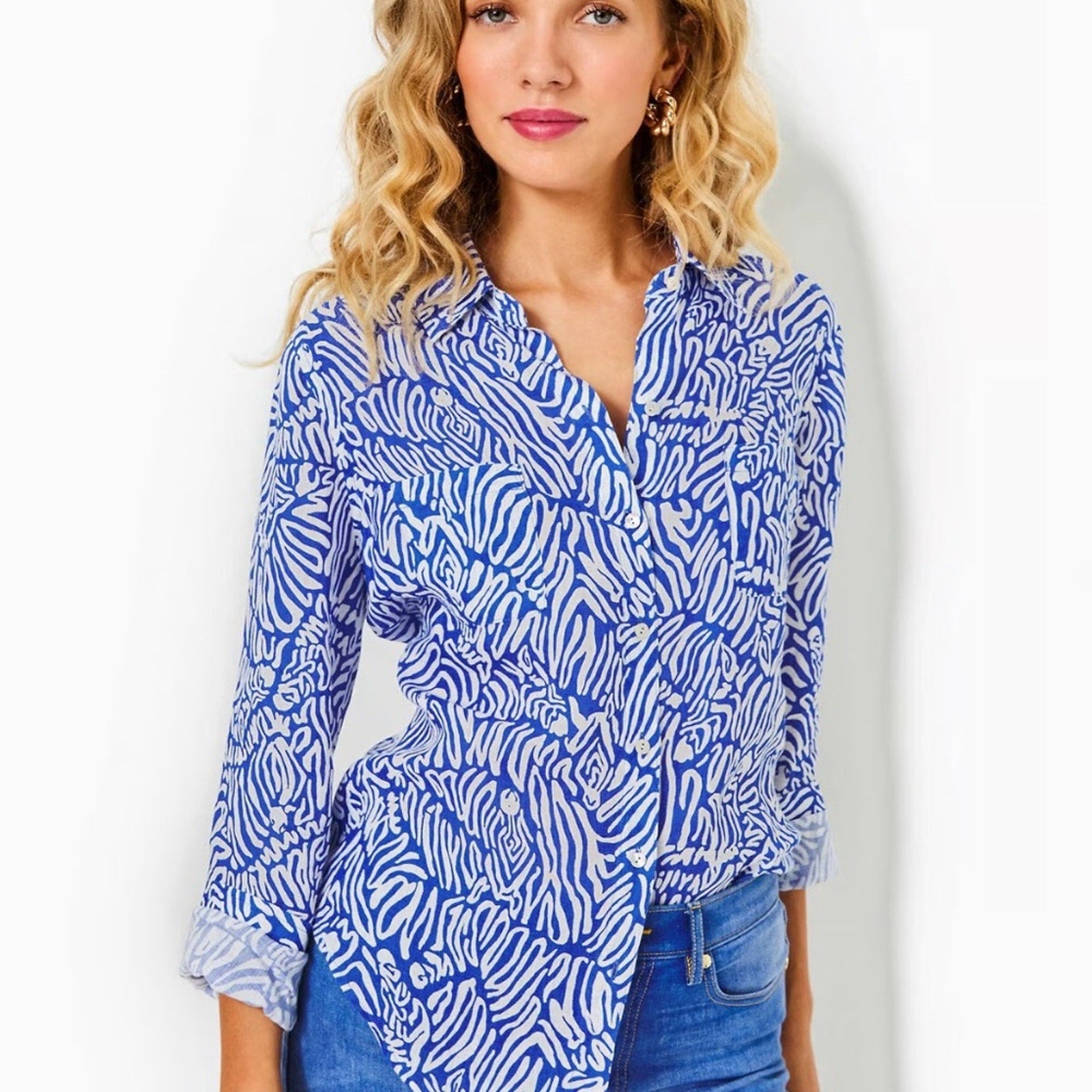 NEW Lilly Pulitzer SEA VIEW BUTTON DOWN, MARTINIQUE BLUE ZEE BEBE - size small