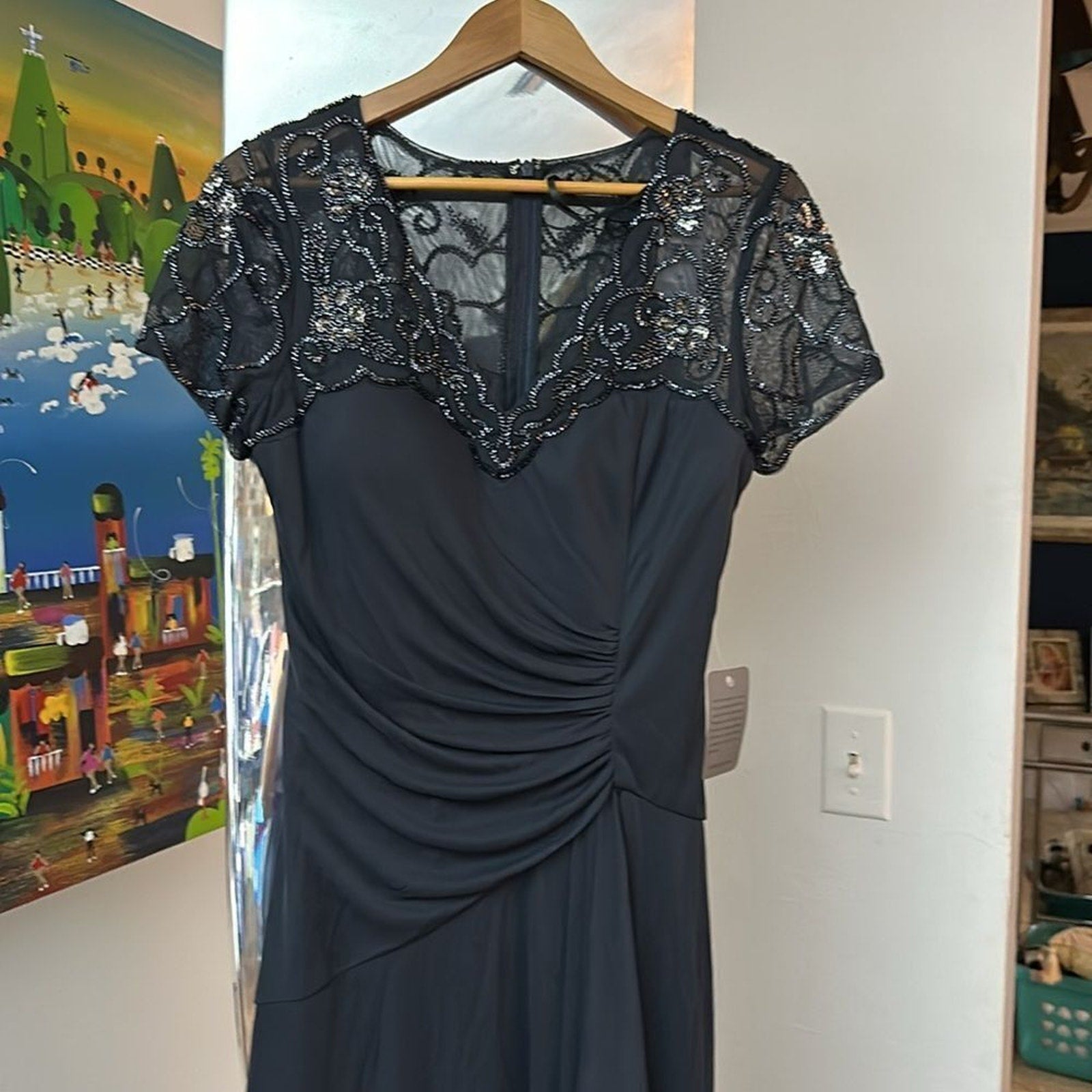 NWT Xscape "CARMEN" LONG SHEER MATTE JERSEY BEADED SHORT SLEEVE DRESS - size 10