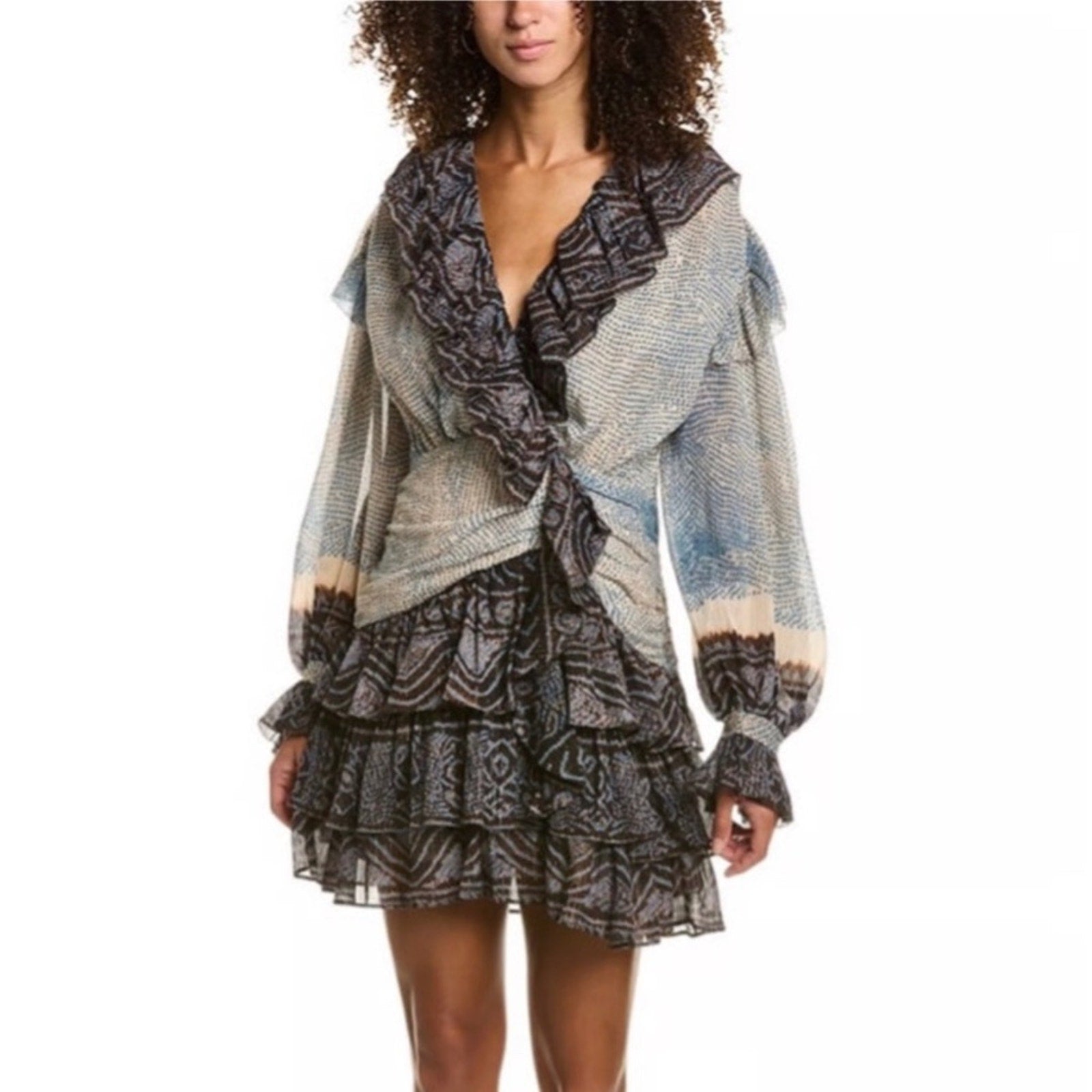 NWT Ulla Johnson Sara Moonstone Metallic Lurex Long Sleeve Ruffled Dress - 12