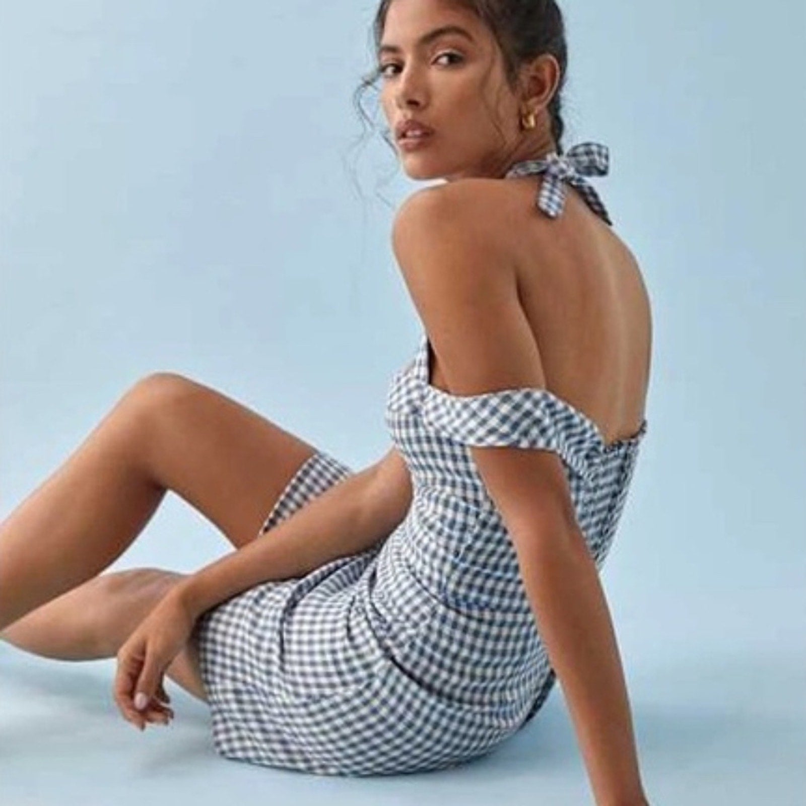 REFORMATION Sanford Linen Dress - Azure Check - size 2