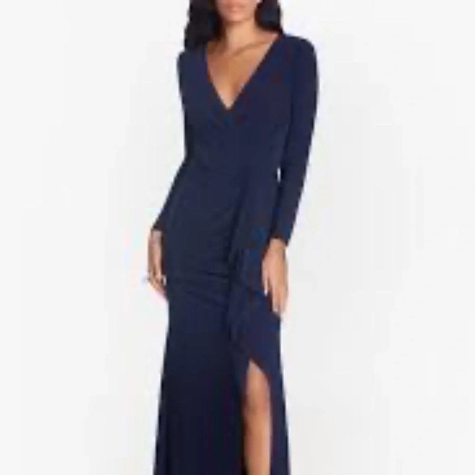 NWT Betsy & Adam "ELLE" LONG SLEEVE SIDE RUFFLED SLIT GOWN - size 8